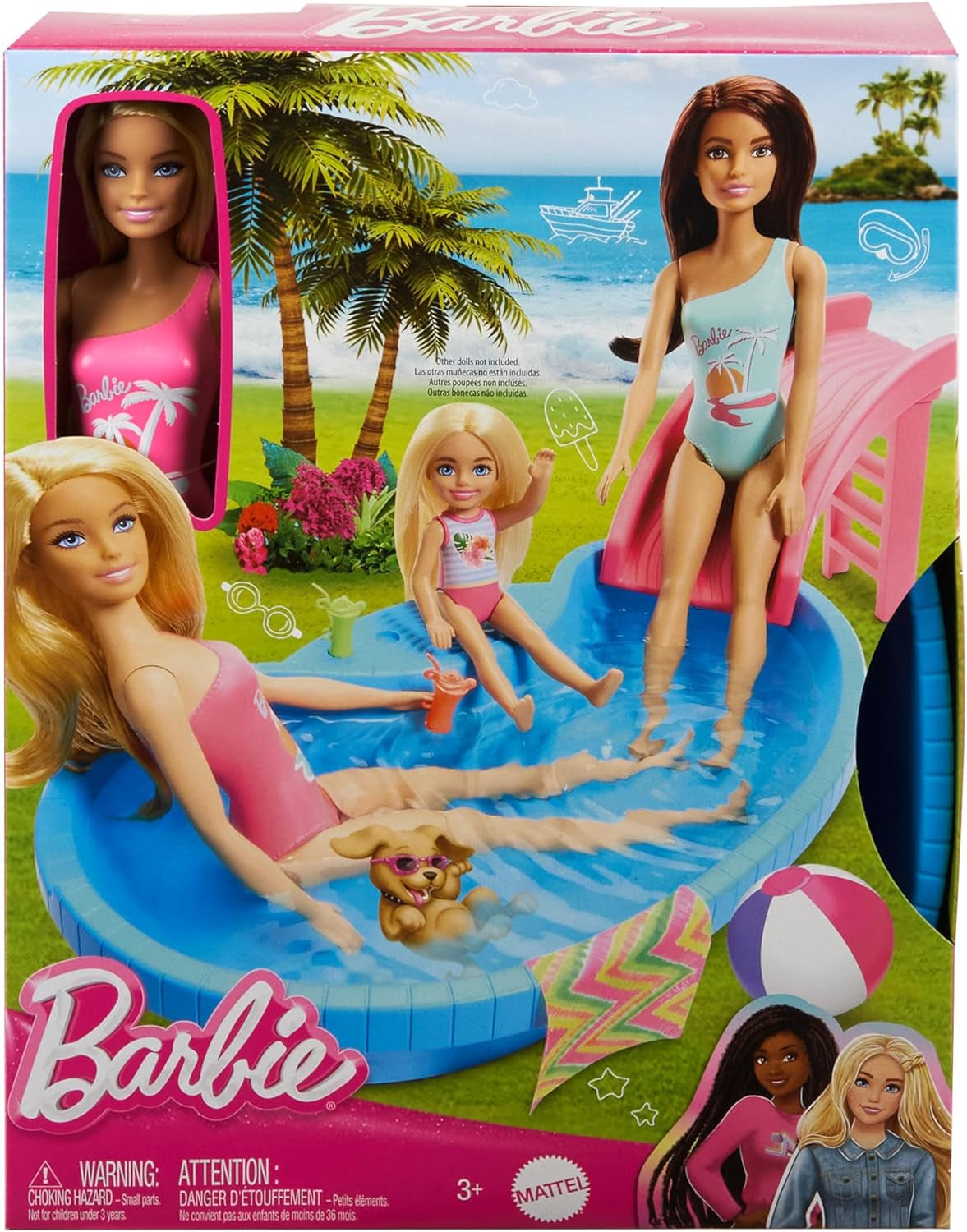 Lalka Barbie i akcesoria - basen ze zjeżdżalnią i akcesoriami do wielogodzinnej zabawy na słońcu, różowy kostium kąpielowy z tropikalnym wzorem, dla dzieci od 3 lat, HRJ74 Naty Shop Dollhouses