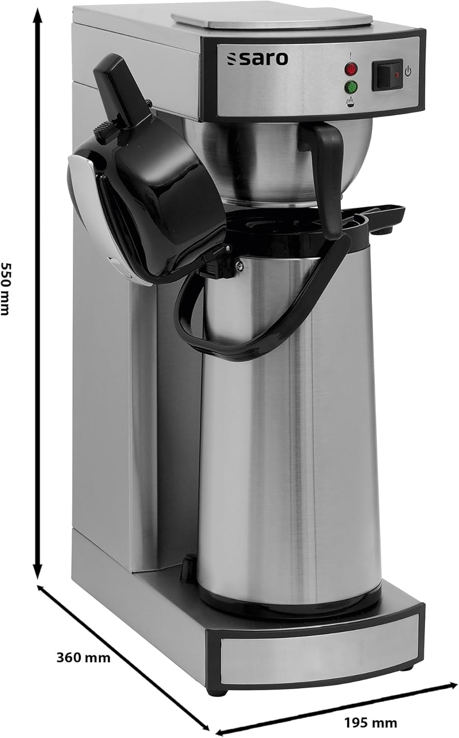 Ekspres Saro w komplecie z karafką z izolowaną pompą ze stali nierdzewnej – 2,2 l – czas przygotowania ok. 5–6 min – ochrona przy pracy bez wody – 2,069 kW – model THERMO 24