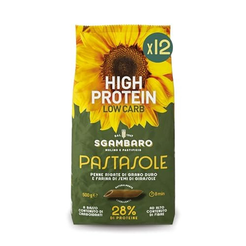 PASTASOLE, Penne Rigate mit Hartweizengriess aus 100% italienischem Anbau und Sonnenblumenkernmehl - 500g - Wysokobiałkowe, Niskowęglowodanowe, Hoher Balaststoffgehalt