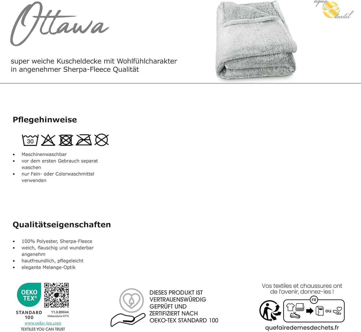 Aqua-Textil Puszysty koc-przytulanka 150 X 200 cm Szary Biały Melange Pluszowy koc TV Narzuta na łóżko Polar Sherpa Oeko-Tex Ottawa Łóżka i koce Besuche den aqua-textil-Store
