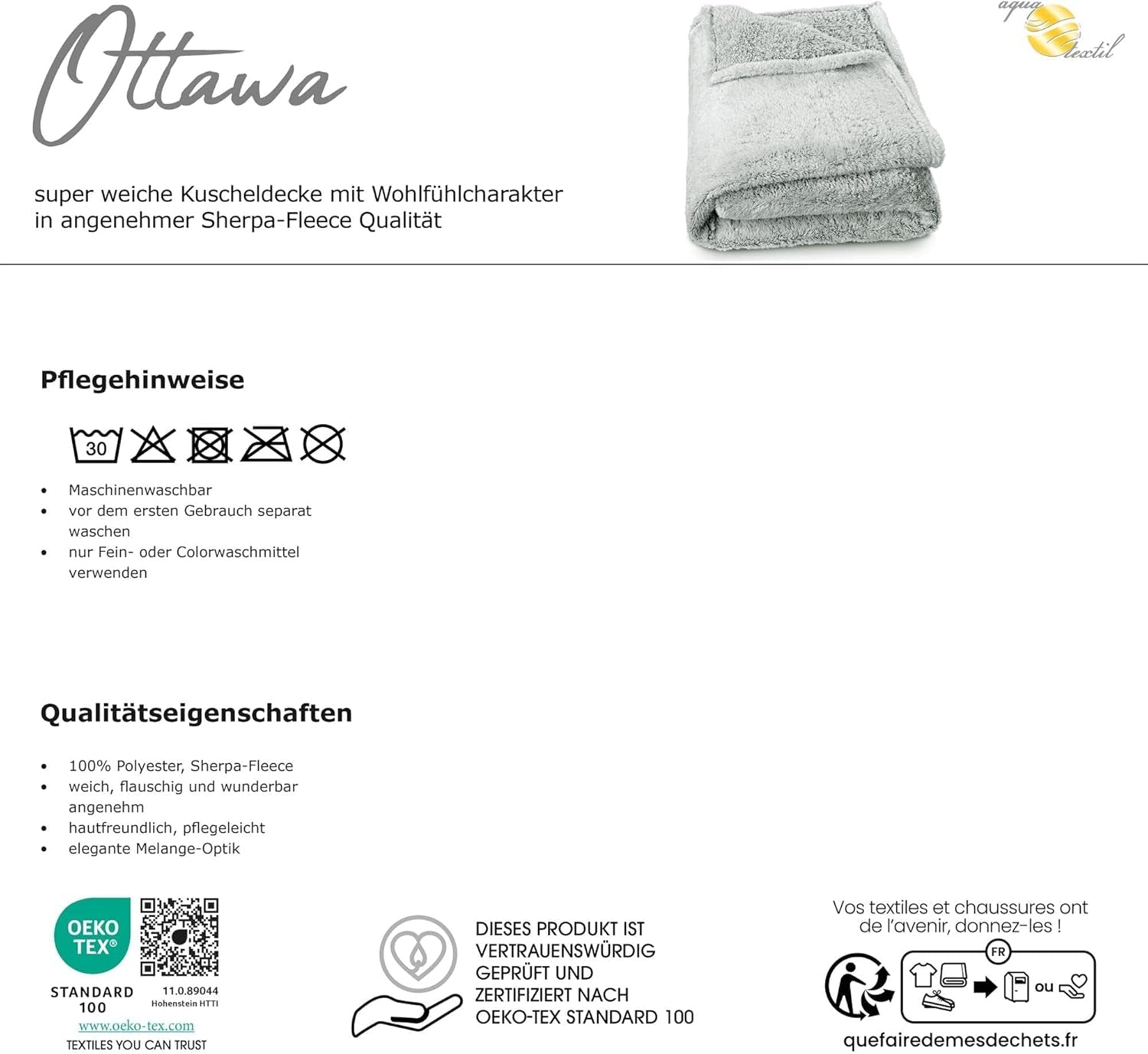 Aqua-Textil Puszysty koc-przytulanka 150 X 200 cm Szary Biały Melange Pluszowy koc TV Narzuta na łóżko Polar Sherpa Oeko-Tex Ottawa Łóżka i koce Besuche den aqua-textil-Store