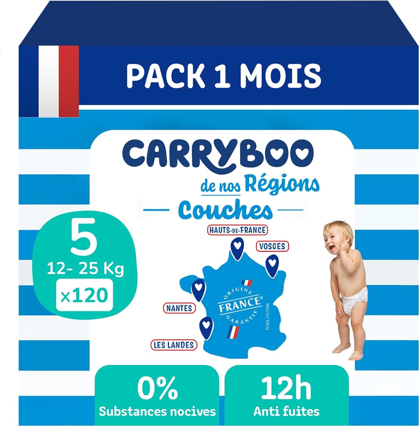- pieluszki rozmiar 5 (12-25 kg) - zdrowe i bardzo chłonne - 12 godzin ochrony przed wyciekaniem - brak niepożądanych substancji - wyprodukowano we Francji - przystępna cena - 120 pieluszek jednorazowych