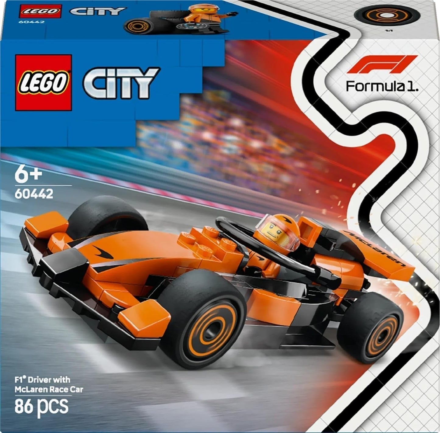 LEGO City Wyścigówka F1 z samochodem wyścigowym Mclaren — model zabawkowy Formuły 1 z samochodem wyścigowym i minifigurką — mały prezent dla chłopców i dziewcząt od 6 lat lub fanów sportów motorowych 60442 Zestawy do budowania Besuche den LEGO-Store