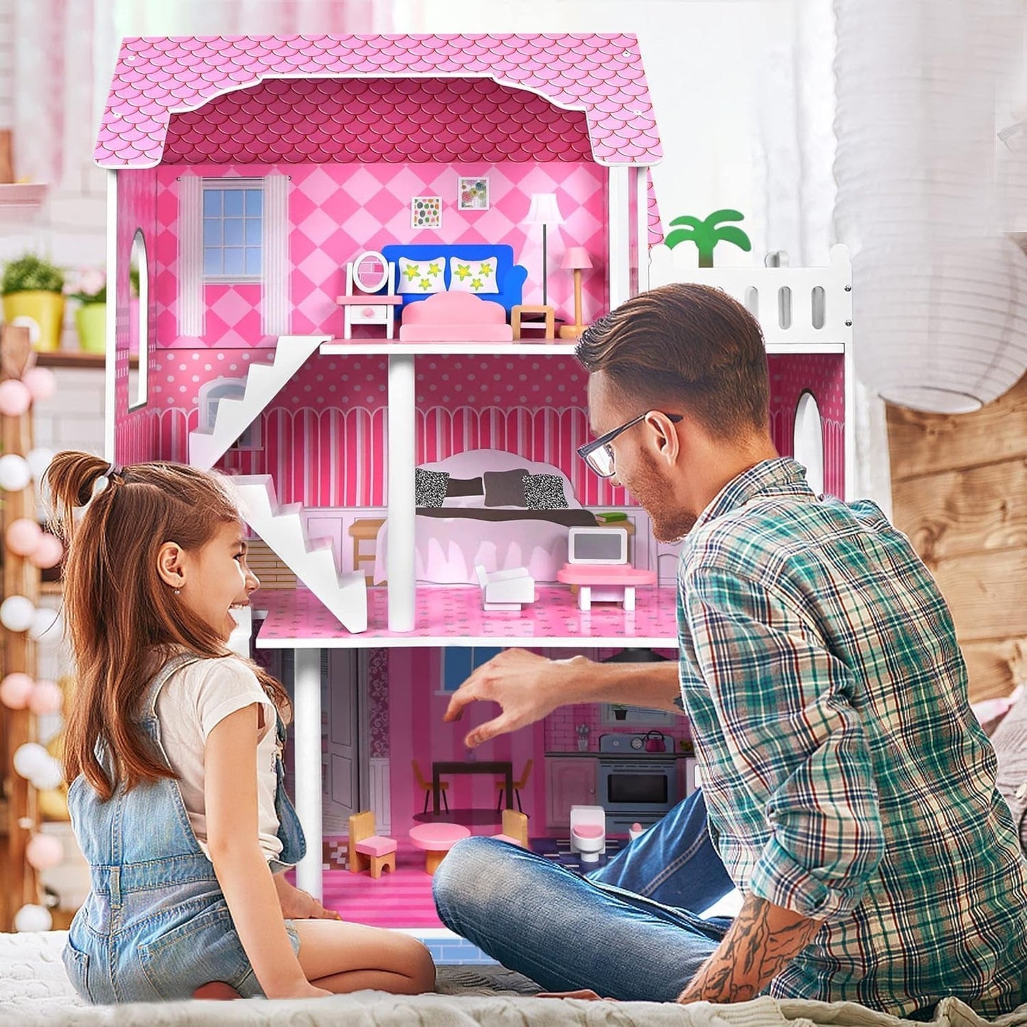 HENGMEI Puppenhaus Kinder Holz Puppenvilla Zestaw domków dla lalek Mädchen Spielset 3 Etagen Haus mit Möbeln und Zubehör, 70x30x100cm Puppenhäuser für Kinder (typ B)