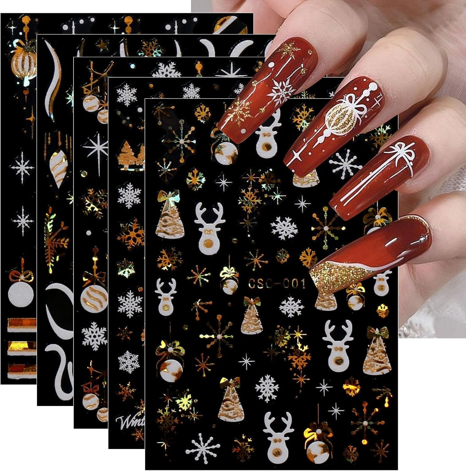 JMEOWIO Nagelsticker Weihnachten Gold Glitter Silber 8 Blatt Nail Art Naklejka Selbstklebend Nagelaufkleber Schneeflocke Winterurlaub Dekoration Nageldesign Zubehör