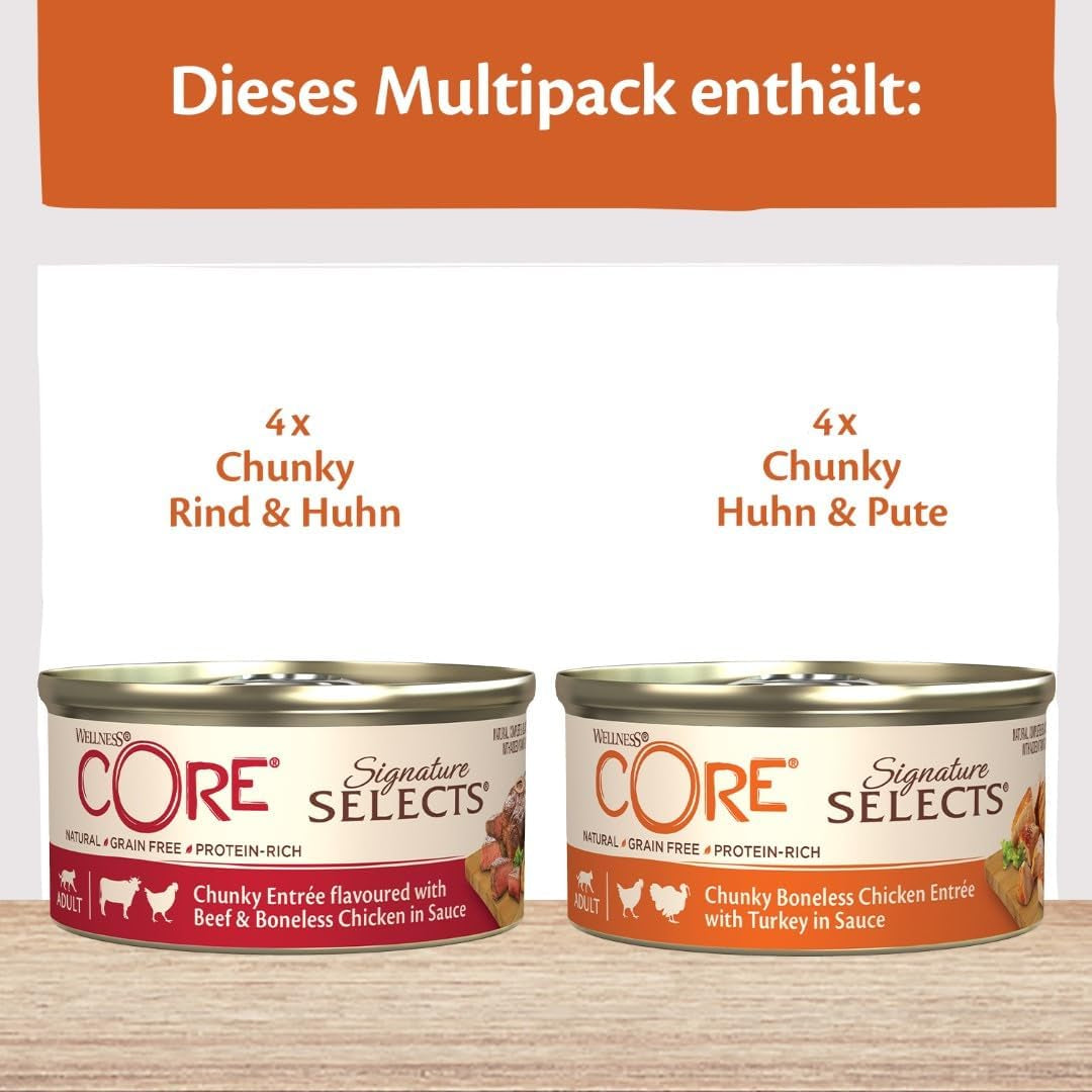 Wellness CORE Signature Selects 8 x 79g, Mix Wołowiny, Kurczaka i Indyka - Mokra karma dla kotów, pyszne paski w sosie, bez zbóż, naturalna, hipoalergiczna, wysoka zawartość białka, wysoka zawartość mięsa