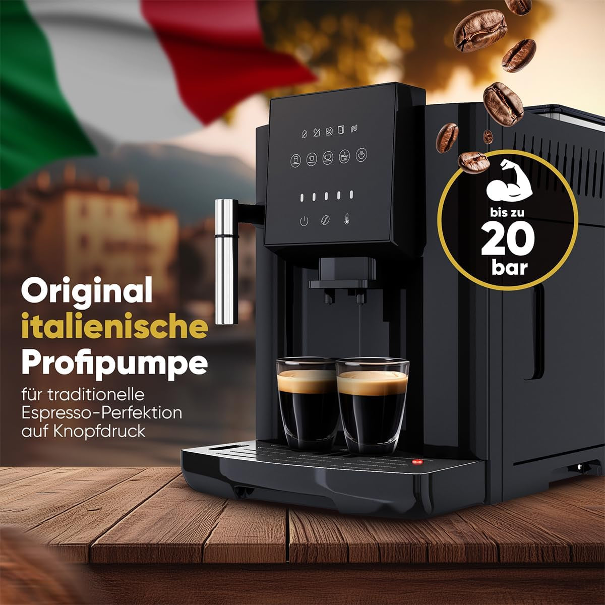 W pełni automatyczny ekspres ProfiCook® ze spieniaczem mleka do cappuccino | Młynek stożkowy | z funkcją podgrzewania filiżanki | Włoska profesjonalna pompa | Ekran dotykowy | Ekspres | PC KAV 1281