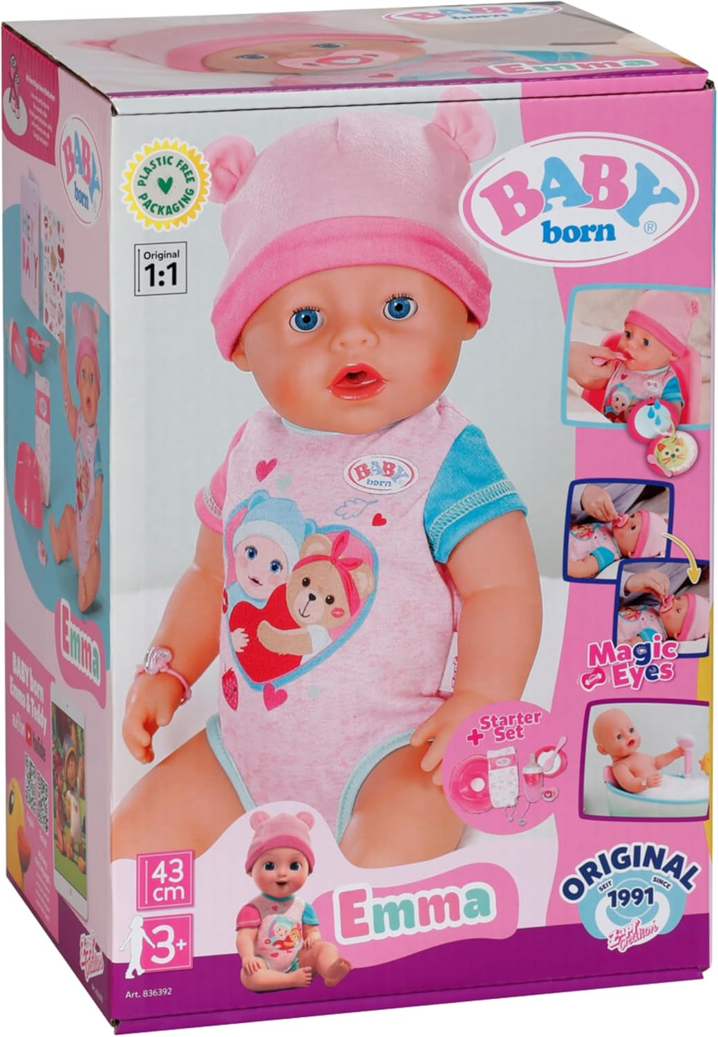 BABY Born Emma - laleczka bobas 43 cm - 10 funkcji, w tym akcesoria i materacyk - W pełni działa bez baterii - Odpowiednia dla dzieci w wieku od 3 lat