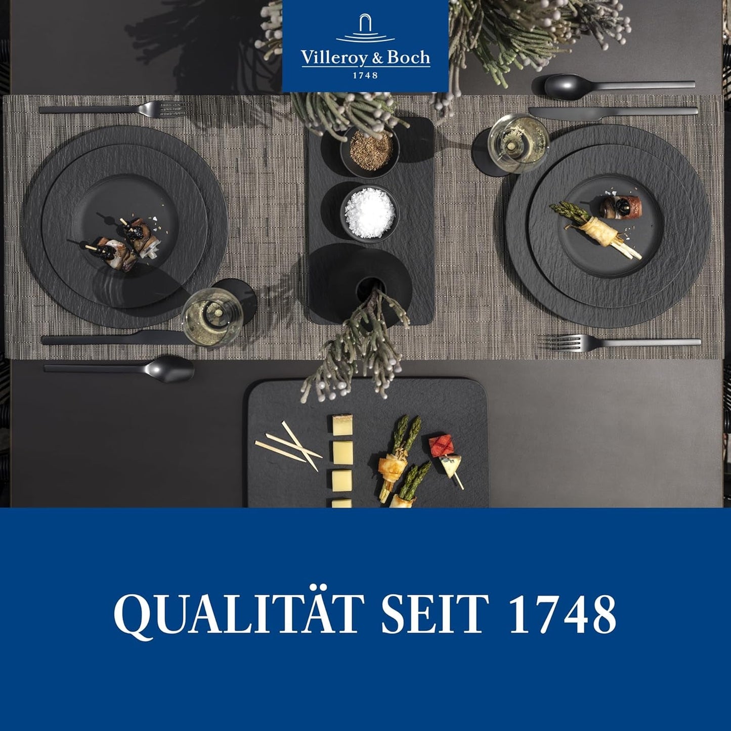 Zestaw startowy Villeroy & Boch Manufacture Rock, 6 elementów, czarny, można myć w zmywarce, można używać w kuchence mikrofalowej, czarny matowy zestaw naczyń obiadowych, zastawa stołowa, sztućce, porcelana Premium