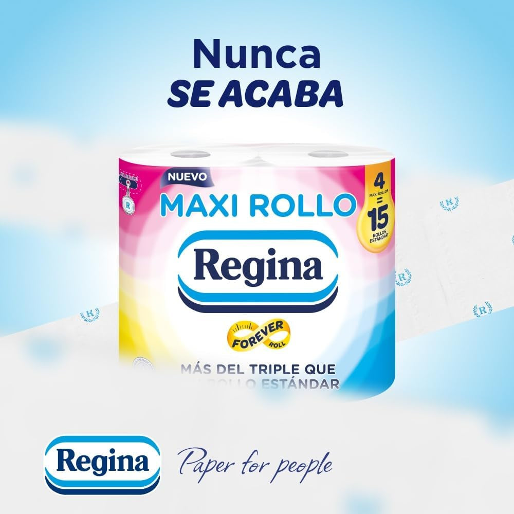 Regina Maxi Roll - 4 rolki papieru toaletowego, 500 2-warstwowych arkuszy w rolce, ponad trzykrotność standardowej rolki, opakowanie z tworzywa sztucznego w 60% pochodzące z recyklingu, 100% papier z certyfikatem Fsc