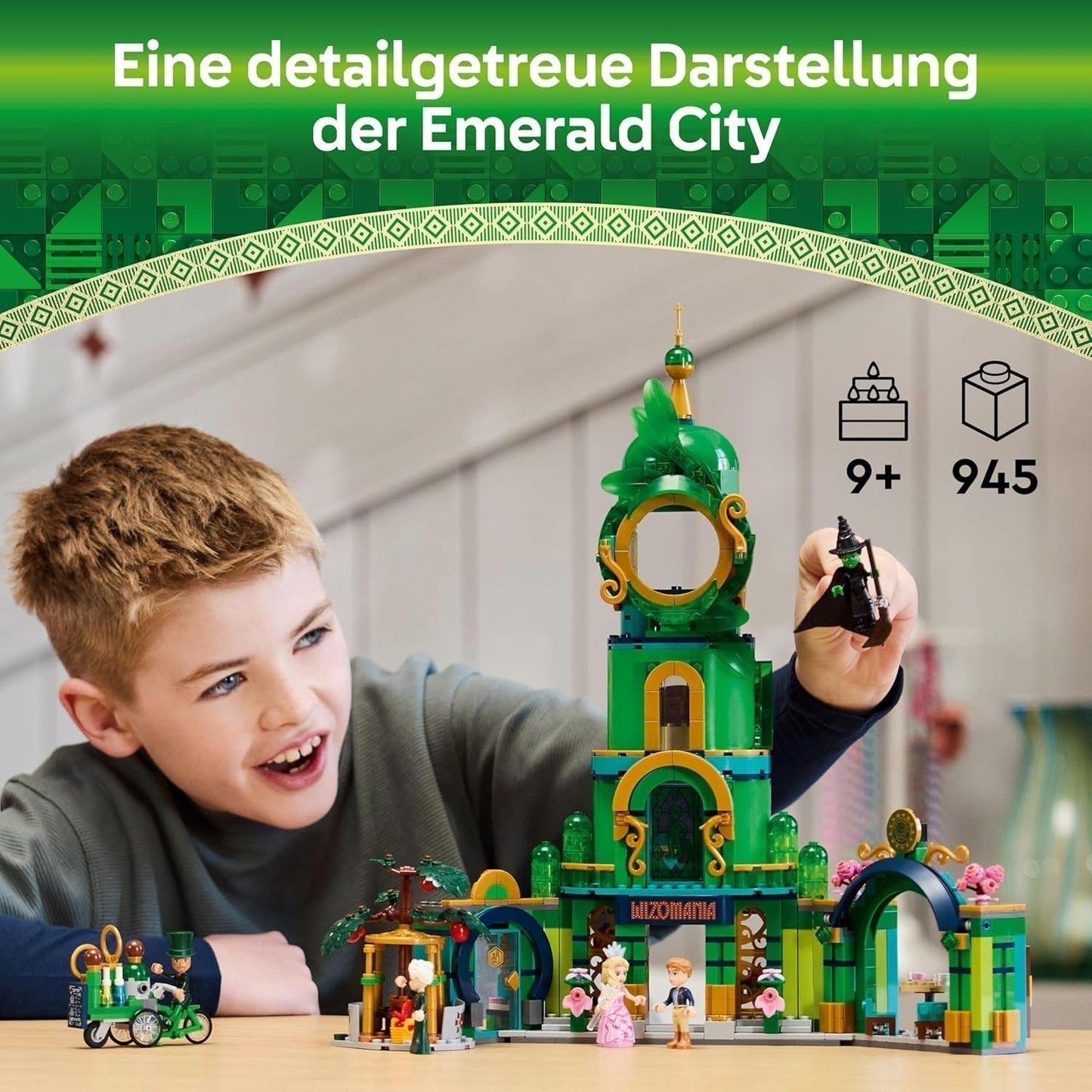 LEGO Wicked Wieża Witamy w Szmaragdowym Mieście, minilaleczki Glinda i Elphaba, prezent dla fanów filmu oraz dziewcząt i chłopców od 9. roku życia, którzy uwielbiają domki dla lalek 75684 Zestawy do budowania Besuche den LEGO-Store
