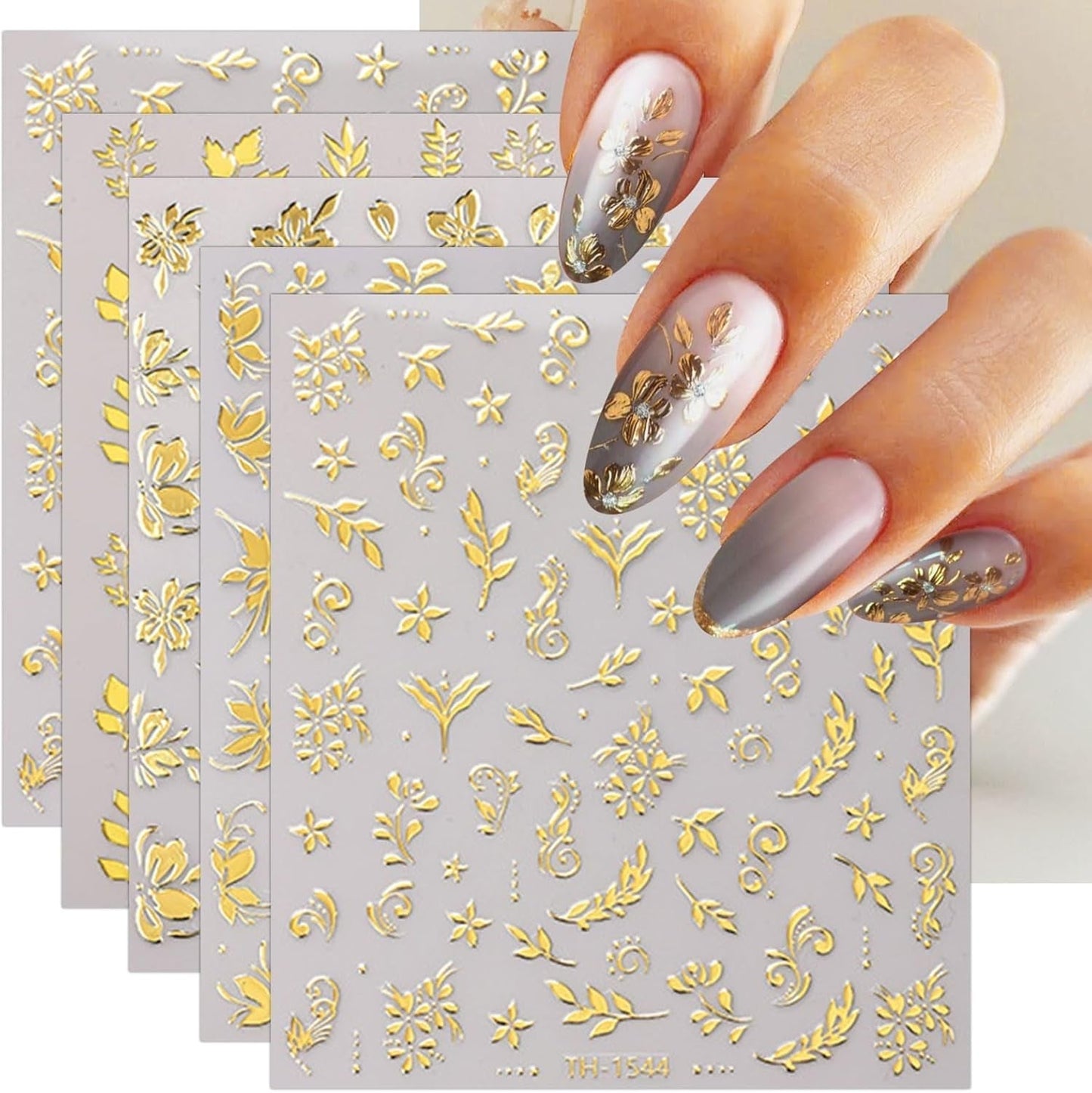 JMEOWIO Nagelsticker Goldene Blumen 8 Blatt Nail Art Naklejka Selbstklebend Nagelaufkleber Dekoration Nageldesign Zubehör