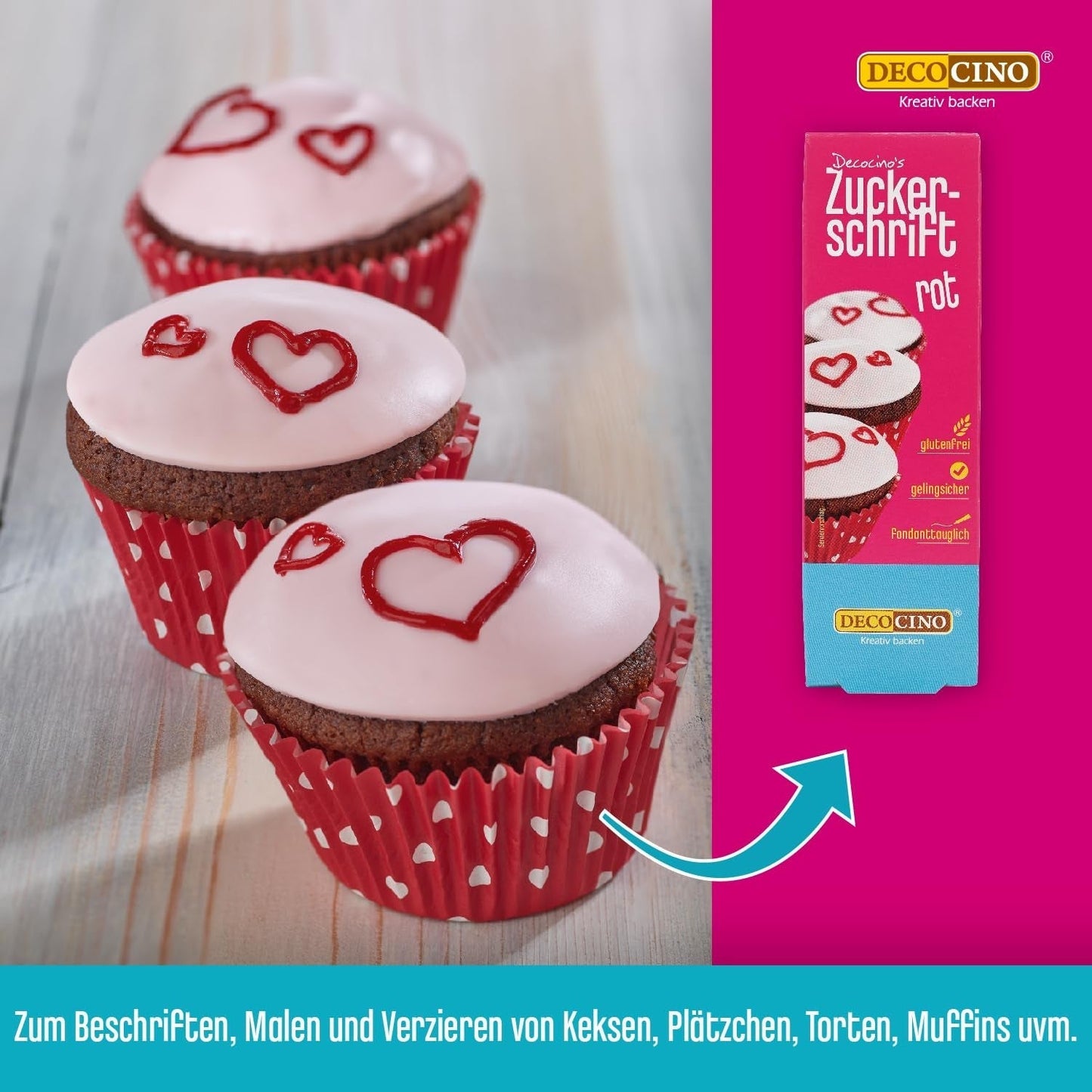 Napis Decocino Red Sugar - Napis do barwienia żywności - Praktyczna tuba do etykietowania kremówki i lukru - Ozdoby do pieczenia ciast, ciast i babeczek! (zestaw 2 szt.)