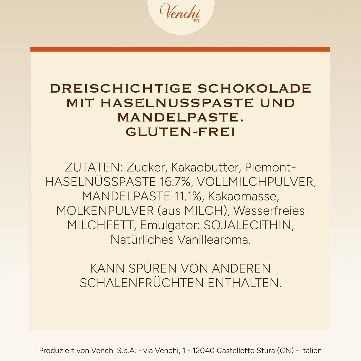 Venchi - Cremini 1878 - Czekolada trójwarstwowa z giandują z pastą mleczno-migdałową „Piemontese Hazelnuts ChOG”, 1 kg, bezglutenowa, bez barwników i konserwantów