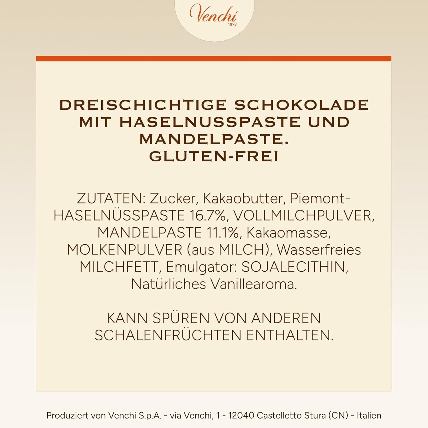 Venchi - Cremini 1878 - Czekolada trójwarstwowa z giandują z pastą mleczno-migdałową „Piemontese Hazelnuts ChOG”, 1 kg, bezglutenowa, bez barwników i konserwantów