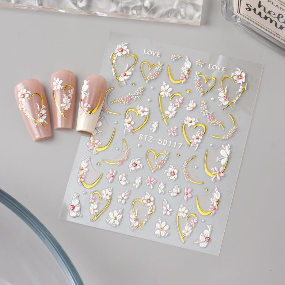 JMEOWIO 3D Nagelsticker Blume Nail Art Naklejka Selbstklebend Nagelaufkleber 5D Stereoskopisch Frühling Letnia dekoracja kwiatowa Nageldesign Zubehör 4 Blatt