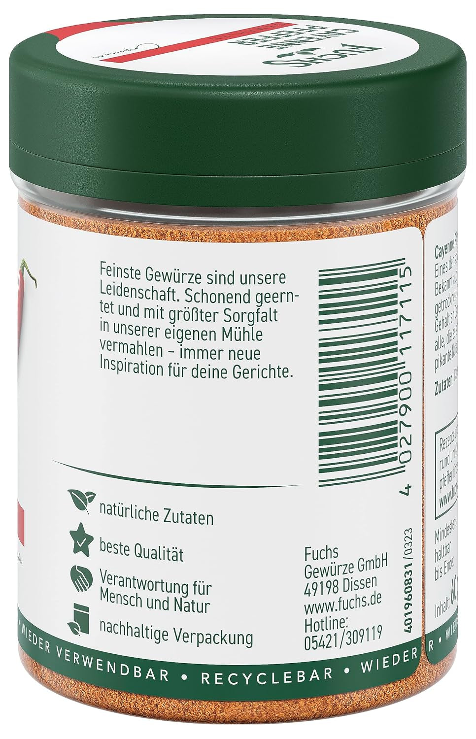 Fuchs Gewürze - Pieprz cayenne gemahlen - do einen scharfen Geschmack we wszelkiego rodzaju potrawach - naturalne składniki - 60 g w wiederverwendbarer, recyclebarer Dawka