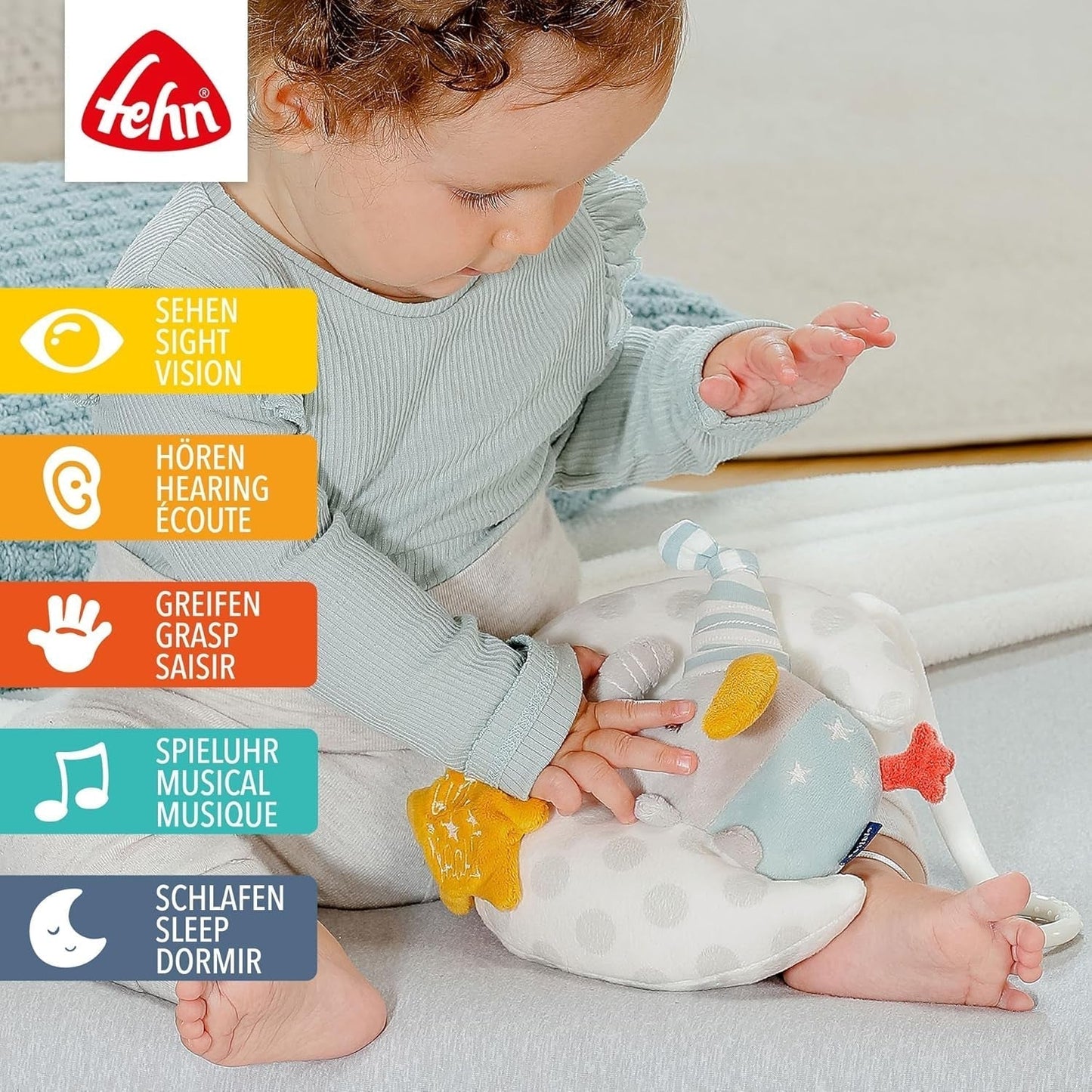 Pozytywka Fehn Baby słoń w księżycu - haft „Świecący w ciemności” z piosenką „Księżyc wzeszedł” – pluszowa zabawka ułatwiająca zasypianie – zabawka dla dzieci w podróży i w domu – od 0+ miesiąca Baby Toys Naty Shop