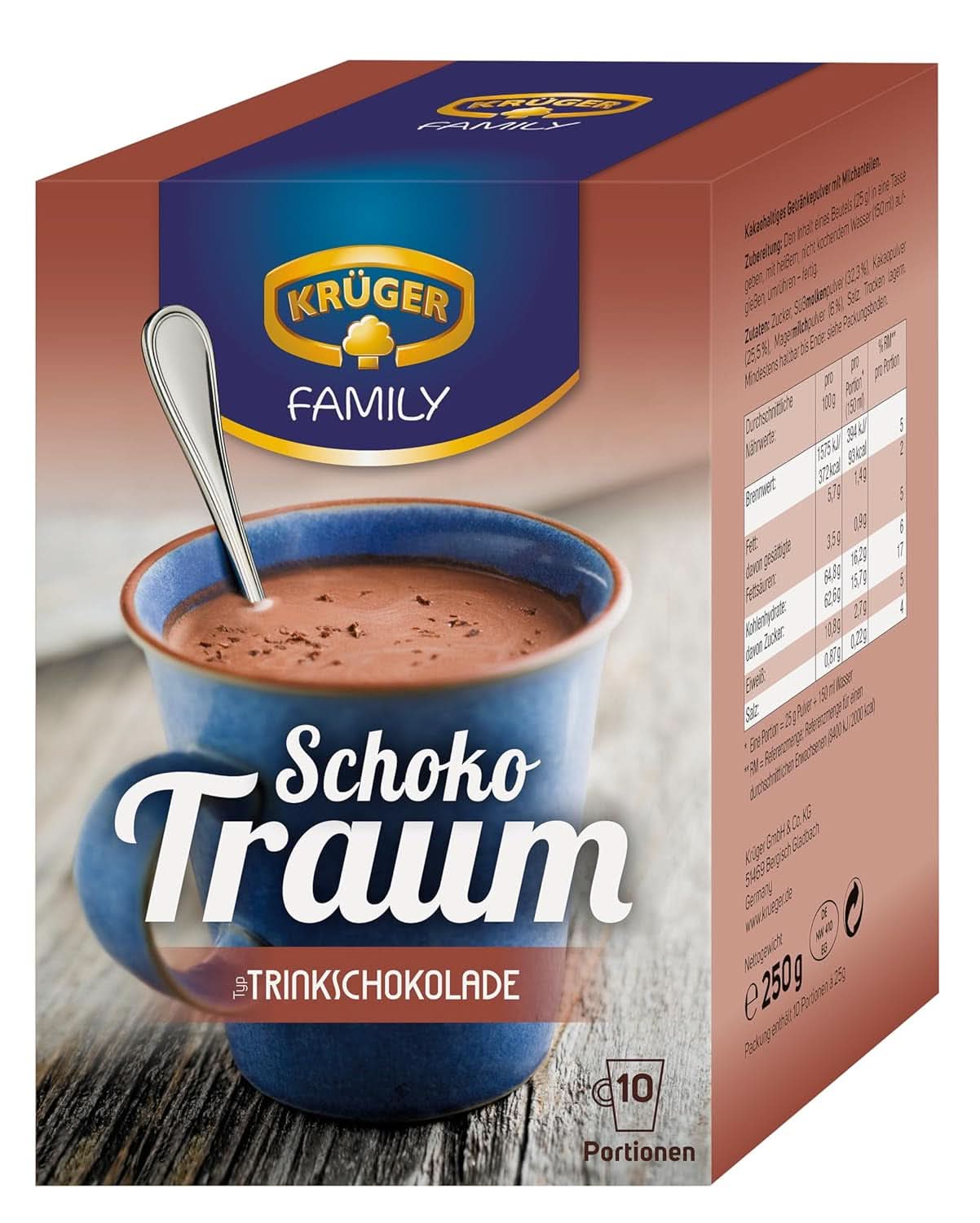 KRÜGER Family, Kakao w proszku do gorącej czekolady, 8 pudełek x 10 saszetek, 8 x 250 gramów Kakao i gorąca czekolada Naty Shop