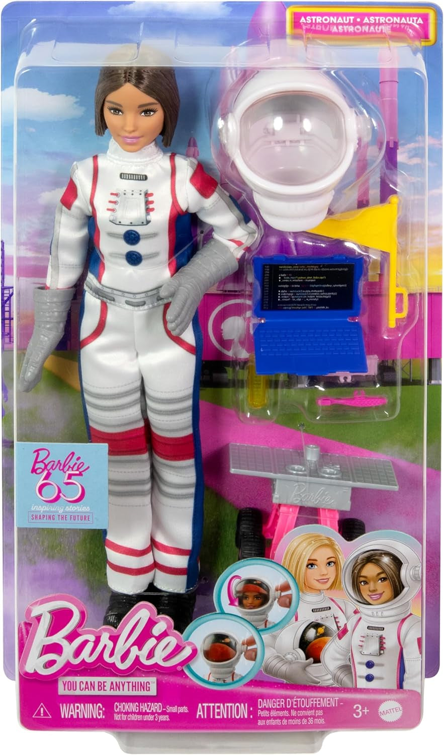 Lalka Barbie na 65. urodziny i 10 akcesoriów, zestaw astronautów, lalka brunetka, łazik na kołach, hełm kosmiczny ze zmiennym wizjerem i nie tylko, HRG45