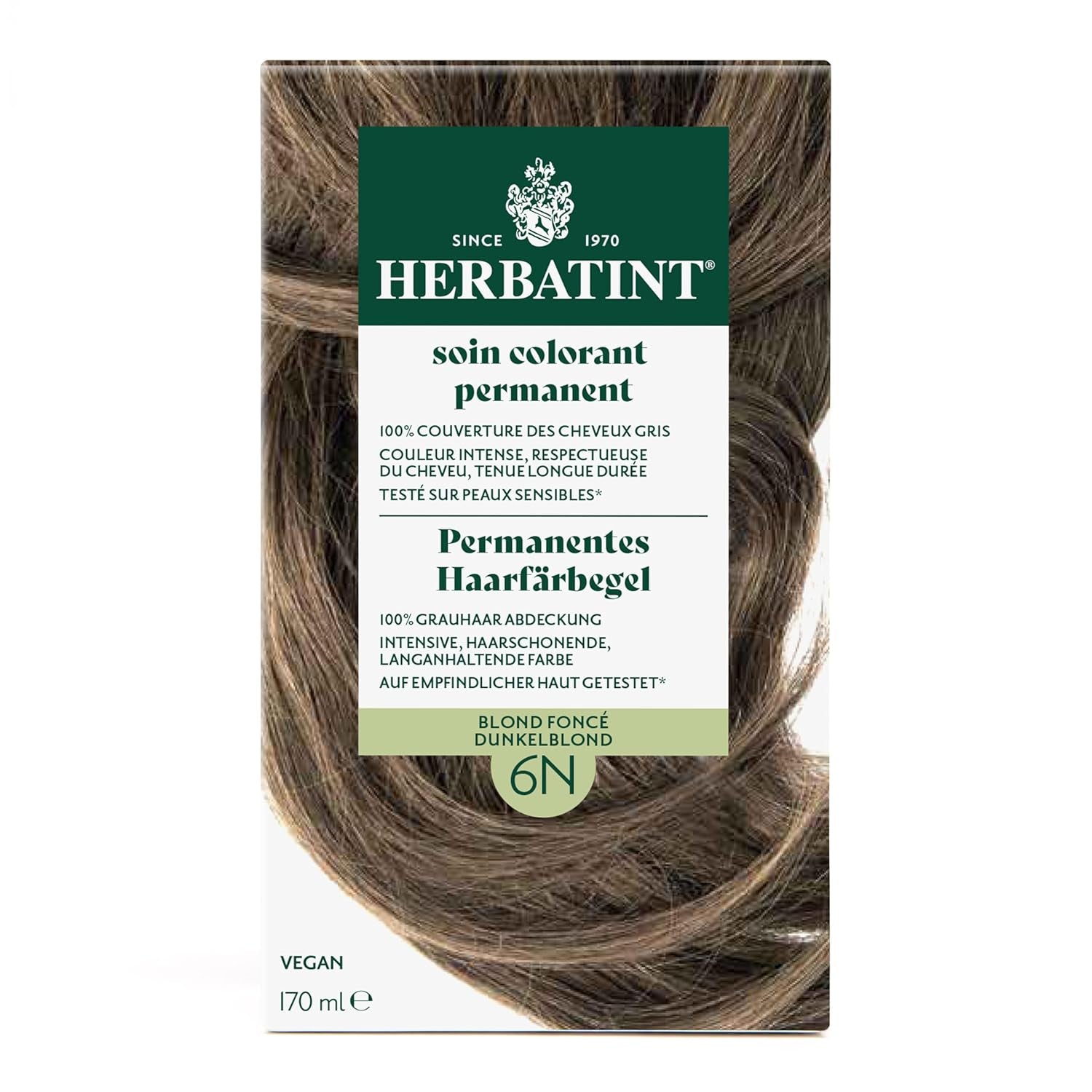Żel do trwałej farbowania włosów 6N ciemny blond - 170 ml I Bez amoniaku, 100% pokrycia siwych włosów I Testowany na wrażliwej skórze, z 8 ekstraktami roślinnymi Farba do włosów Naty Shop