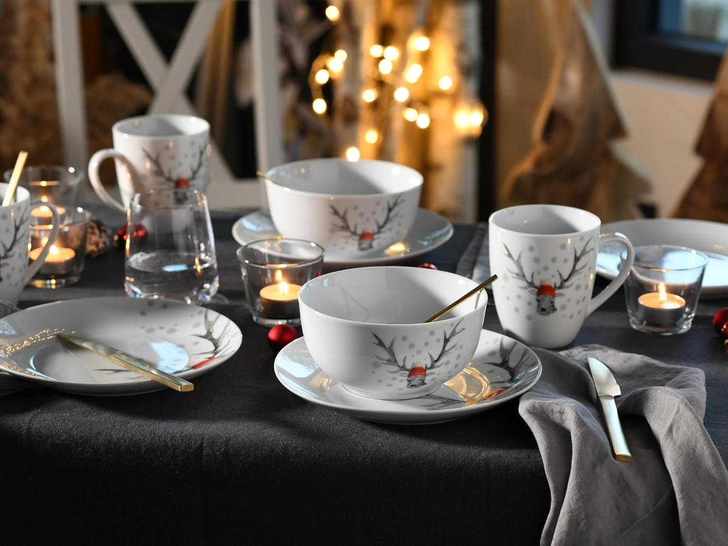 CreaTable, 21498, seria Luna Hirsch, 18-częściowy zestaw naczyń obiadowych dla 6 osób, porcelanowy zestaw śniadaniowy, można myć w zmywarce i używać w kuchence mikrofalowej, jakość produkcji