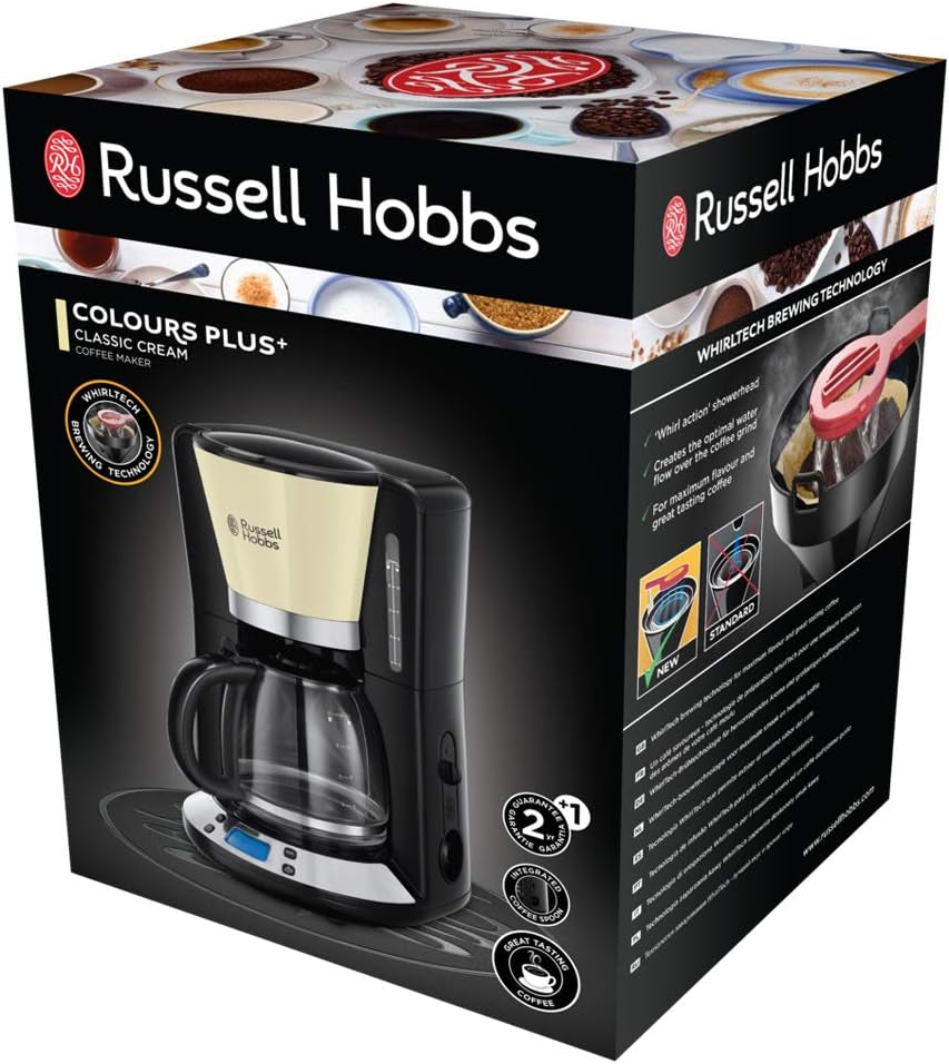 Ekspres do kawy Russell Hobbs [cyfrowy minutnik, słuchawka prysznicowa zapewniająca optymalną ekstrakcję i aromat] Colors+ Creme (1 do 10 filiżanek, szklana karafka 1,25 l, płyta grzewcza, 1100 W) Ekspres do kawy z filtrem 24033-56