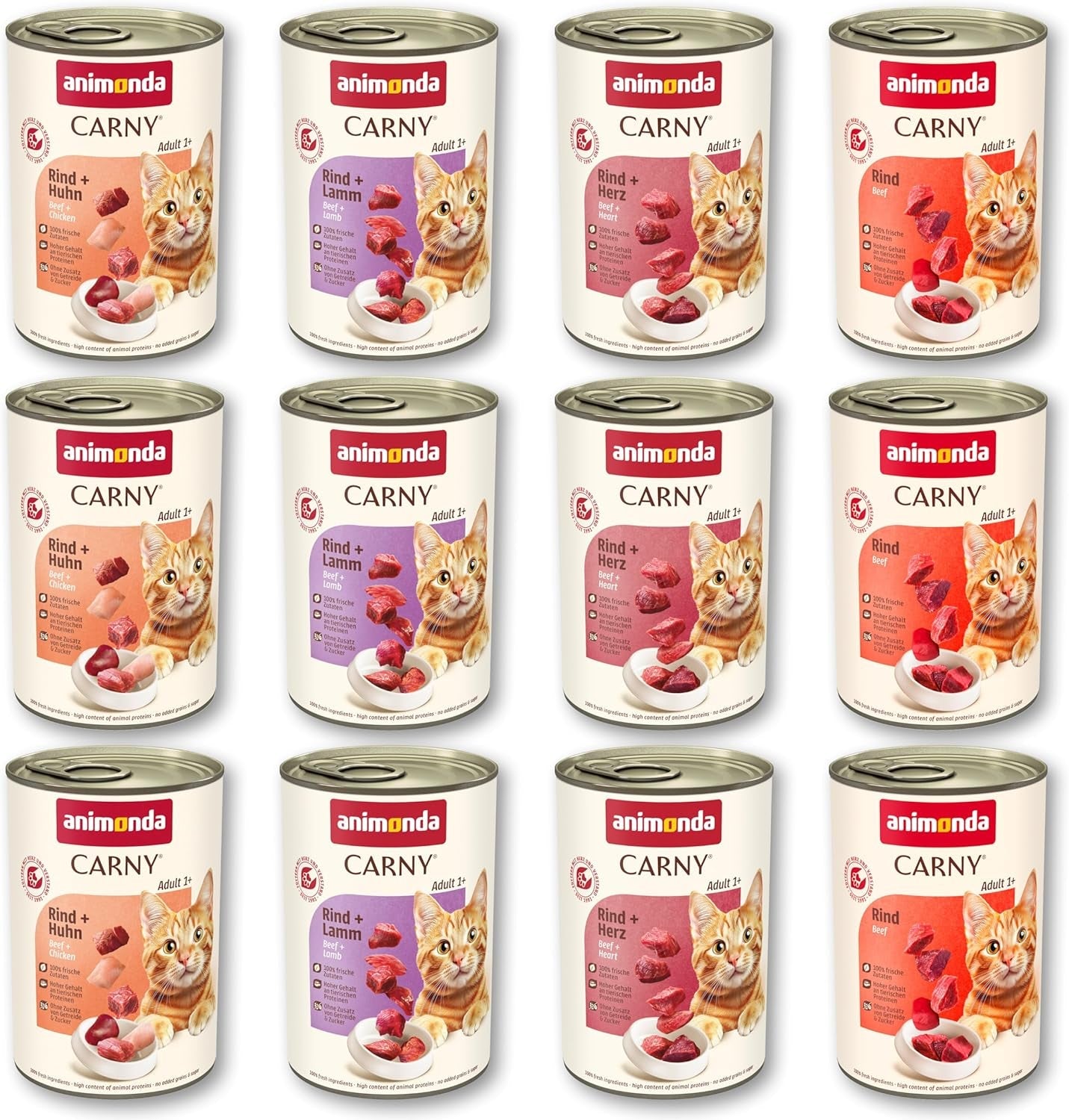 animonda Carny Adult Savory Variety (12 x 400 g), mokra karma dla dorosłych kotów, mokra karma zawierająca 100% świeżych składników mięsnych, bez zbóż i bez cukru