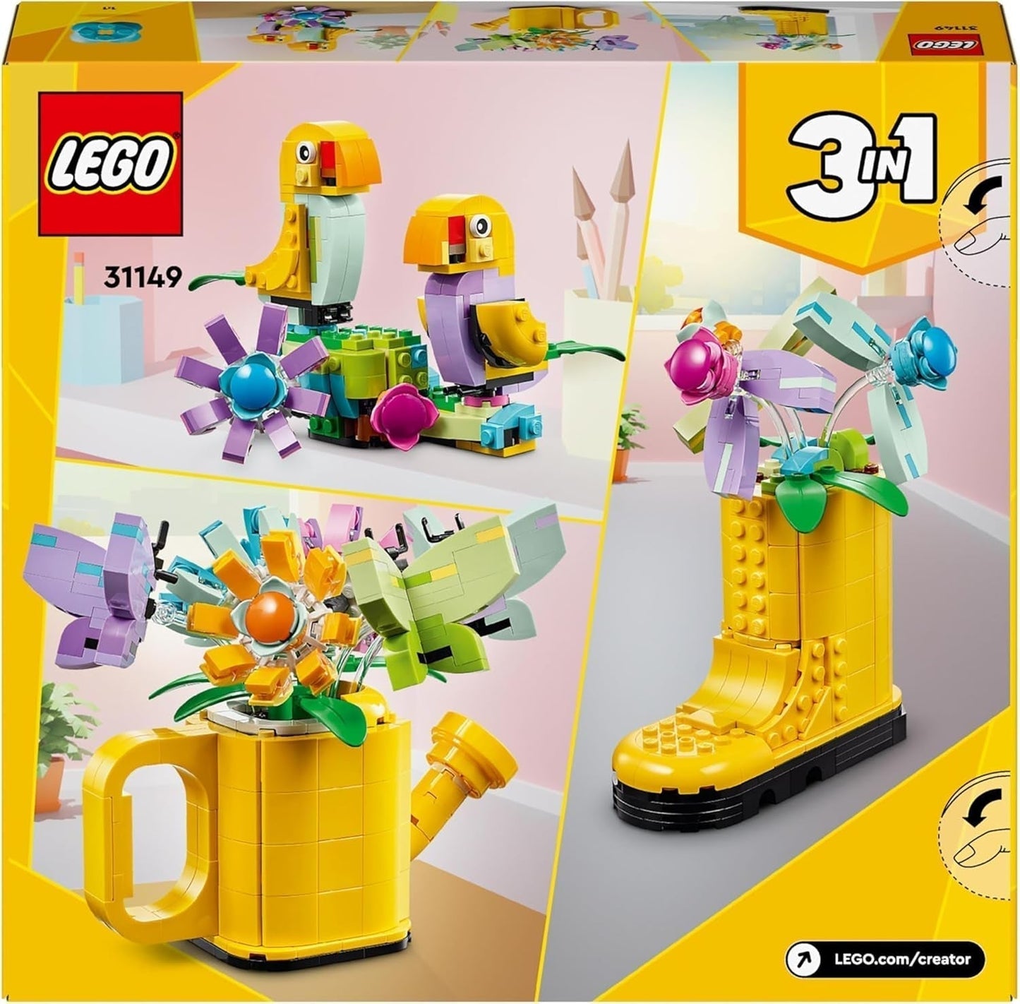 LEGO Creator Zestaw zraszaczy do kwiatów 3 w 1, dekoracja pokoju dziecięcego, zbudowanie zraszacza z bukietem kwiatów, kalosze lub 2 zabawkowe ptaki, kreatywny prezent dla dziewcząt i chłopców w wieku 8 lat 31149 Zestawy do budowania Besuche den LEGO-Store