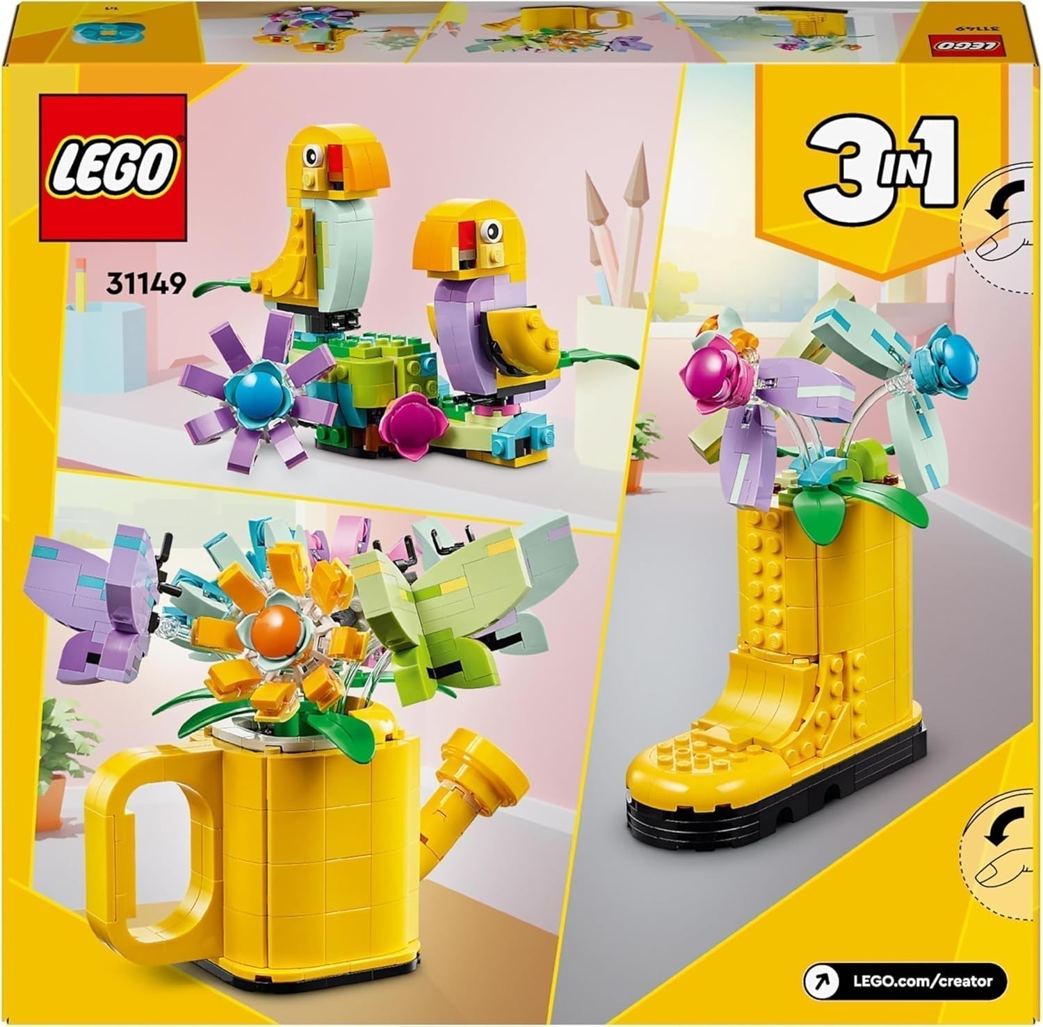 LEGO Creator Zestaw zraszaczy do kwiatów 3 w 1, dekoracja pokoju dziecięcego, zbudowanie zraszacza z bukietem kwiatów, kalosze lub 2 zabawkowe ptaki, kreatywny prezent dla dziewcząt i chłopców w wieku 8 lat 31149 Zestawy do budowania Besuche den LEGO-Store