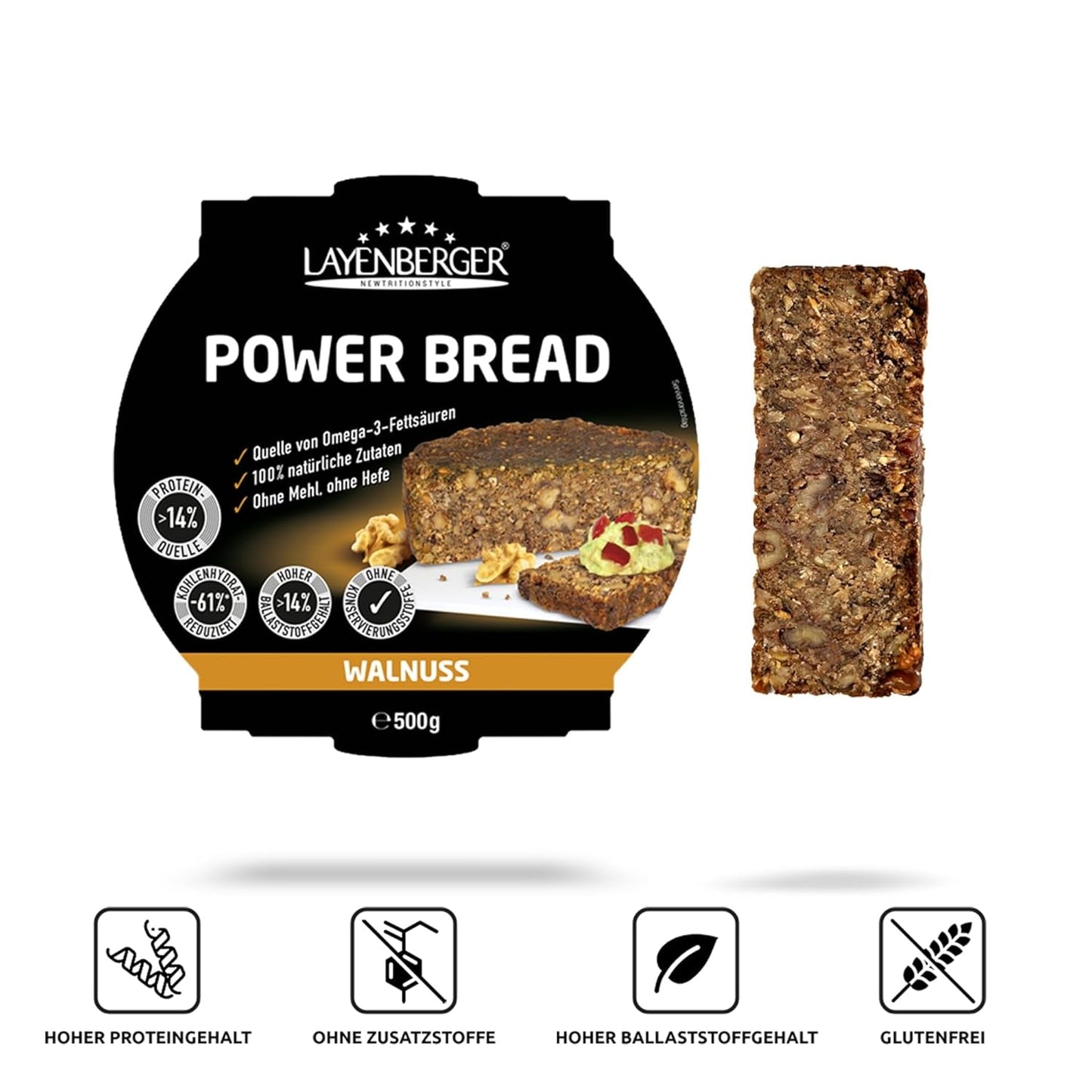 Layenberger Prower Bread Walnut, Eiweiß- Und Ballaststoffquelle, Ohne Konservierungsmittel, Ohne Hefe, Ohne Mehl, Mit 14G Protein Pro 100G, (1 X 500G) Mieszanka do pieczenia i gotowania Naty Shop