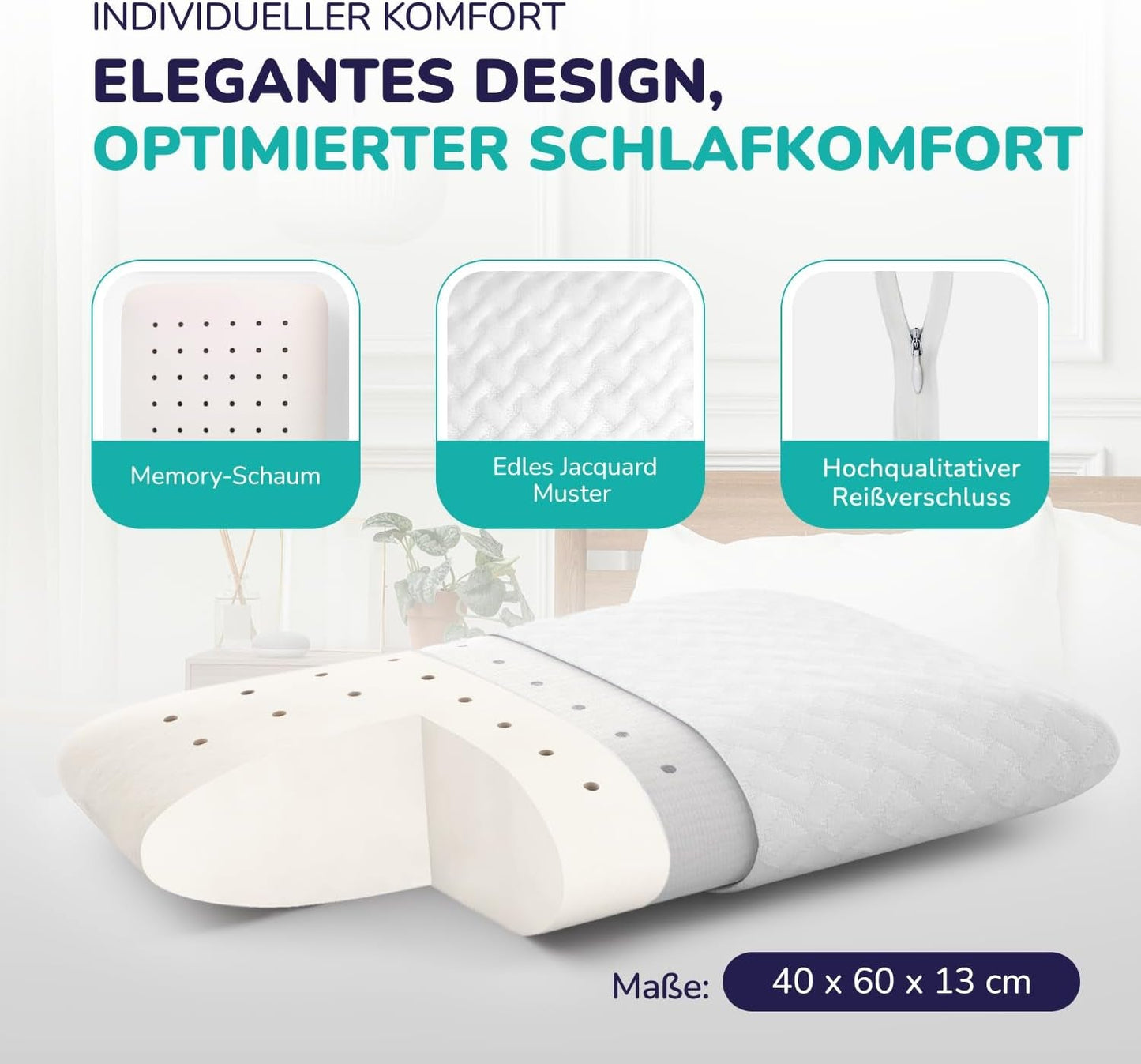 Ortopedyczna poduszka pod szyję ZenPur 40x60-13cm, poduszka pod głowę z pianki memory - ergonomiczna poduszka do spania na szyję i ramiona, certyfikat Oeko-TEX