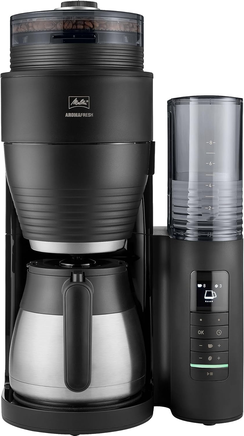 Melitta AromaFresh Therm Pro X - Ekspres do espresso z filtrem, zintegrowanym młynkiem, wyjmowanym zbiornikiem na wodę, dzbankiem termicznym ze stali nierdzewnej i funkcją timera, na maksymalnie 8 filiżanek kawy, czarno-srebrny