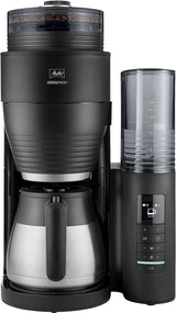 Melitta AromaFresh Therm Pro X - Ekspres do espresso z filtrem, zintegrowanym młynkiem, wyjmowanym zbiornikiem na wodę, dzbankiem termicznym ze stali nierdzewnej i funkcją timera, na maksymalnie 8 filiżanek kawy, czarno-srebrny