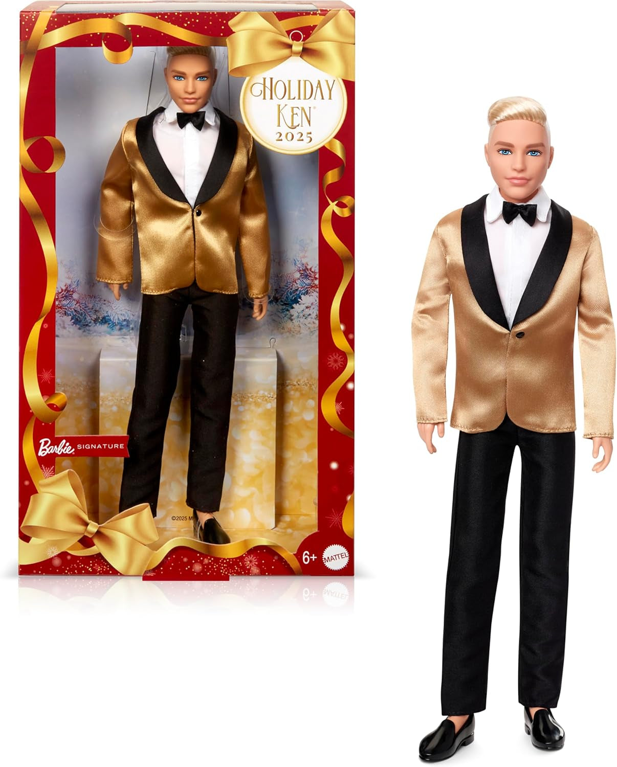 Barbie Signature 2025 Holiday Blonder Ken Modepuppe zum Sammeln w komplecie Anzug mit Goldener Jacke in Einer Verpackung zum Ausstellen und mit Puppenständer, JGK55