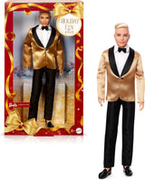 Barbie Signature 2025 Holiday Blonder Ken Modepuppe zum Sammeln w komplecie Anzug mit Goldener Jacke in Einer Verpackung zum Ausstellen und mit Puppenständer, JGK55