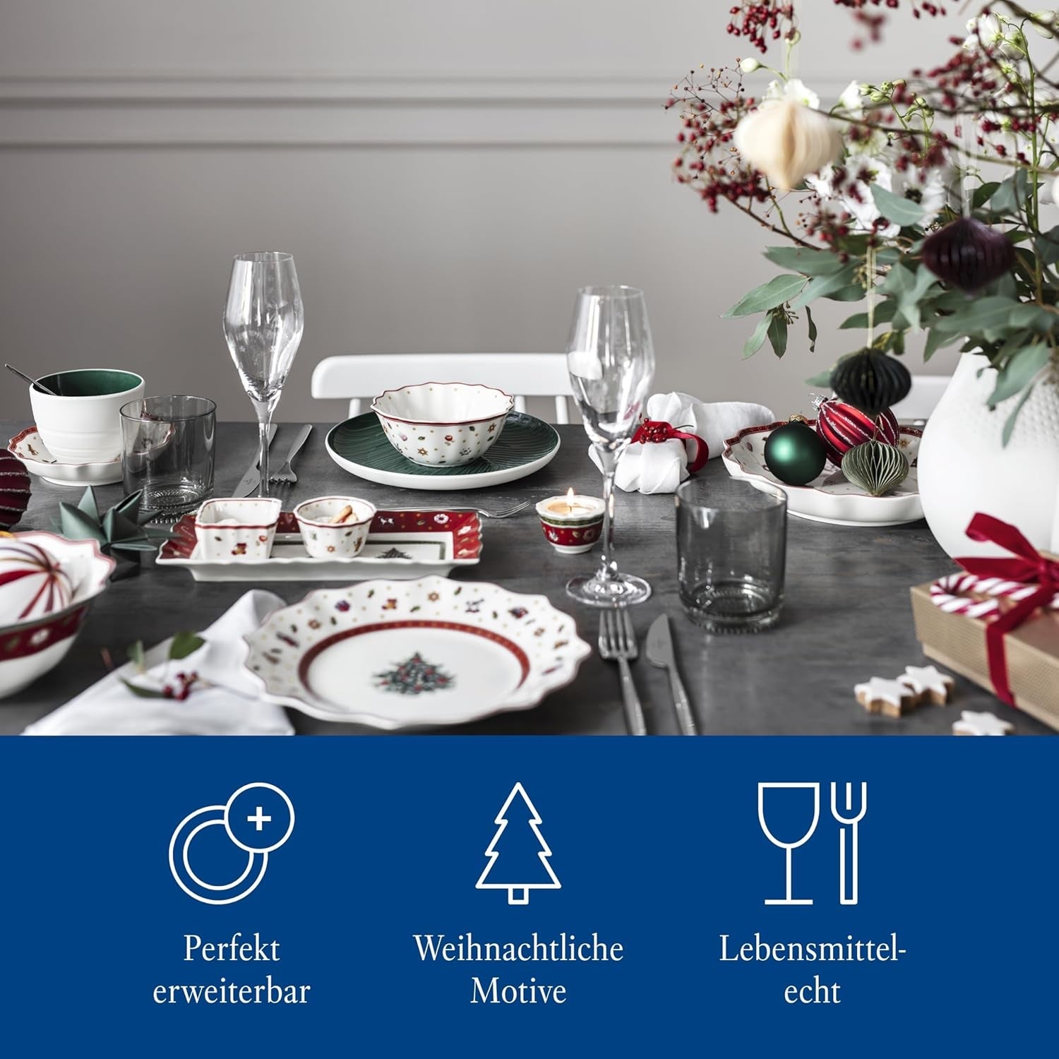 Villeroy & Boch — zestaw do sosów Toy's Delight, 4 szt., półmisek z miseczkami, zestaw misek na bożonarodzeniowy sos, dekoracja stołu z zabawkami, taca do serwowania, miski, świąteczna zastawa stołowa, porcelana Premium