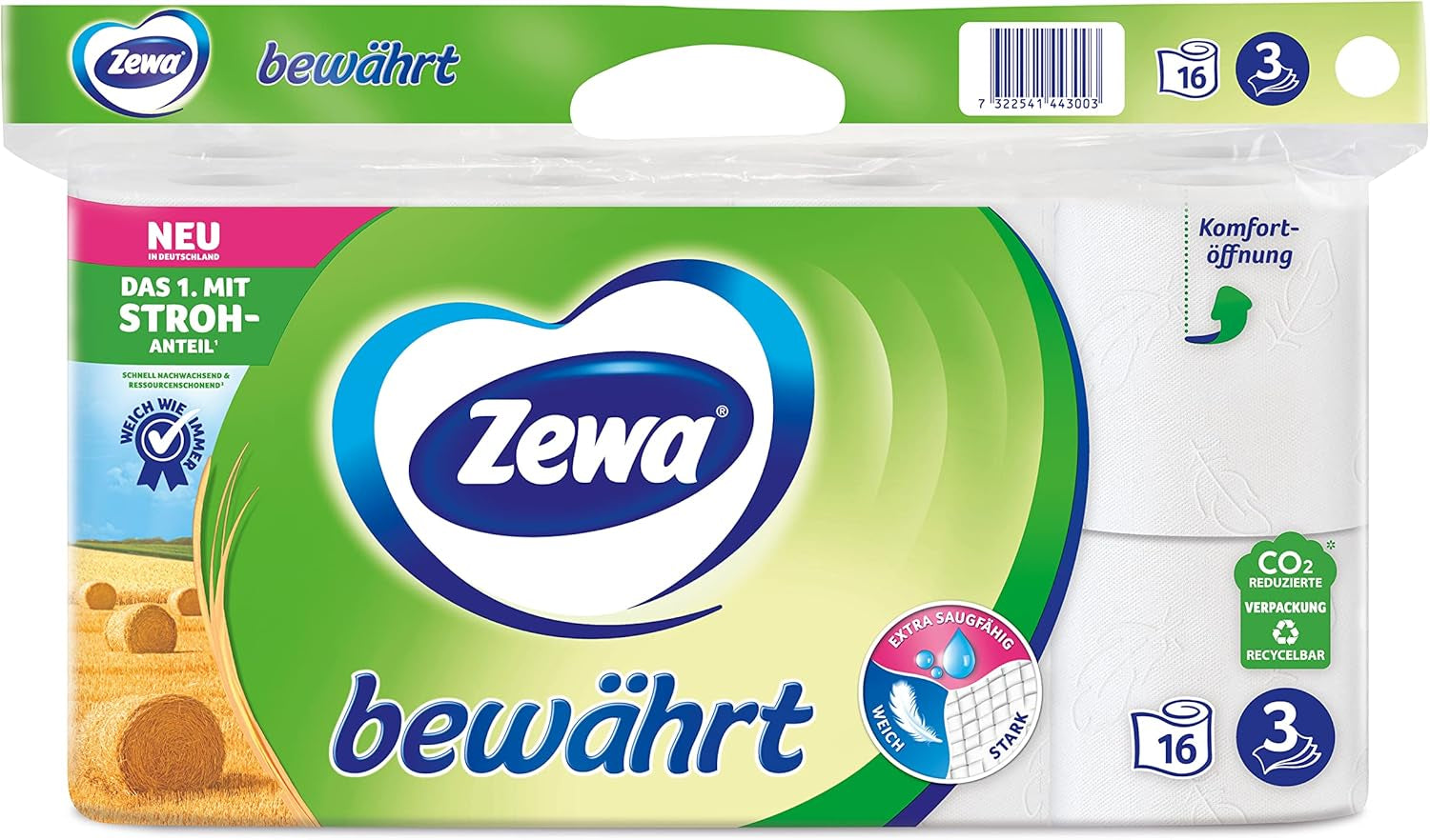 Zewa Proven - 48 rolek - Pierwszy papier toaletowy z zawartością słomy - 3 warstwy
