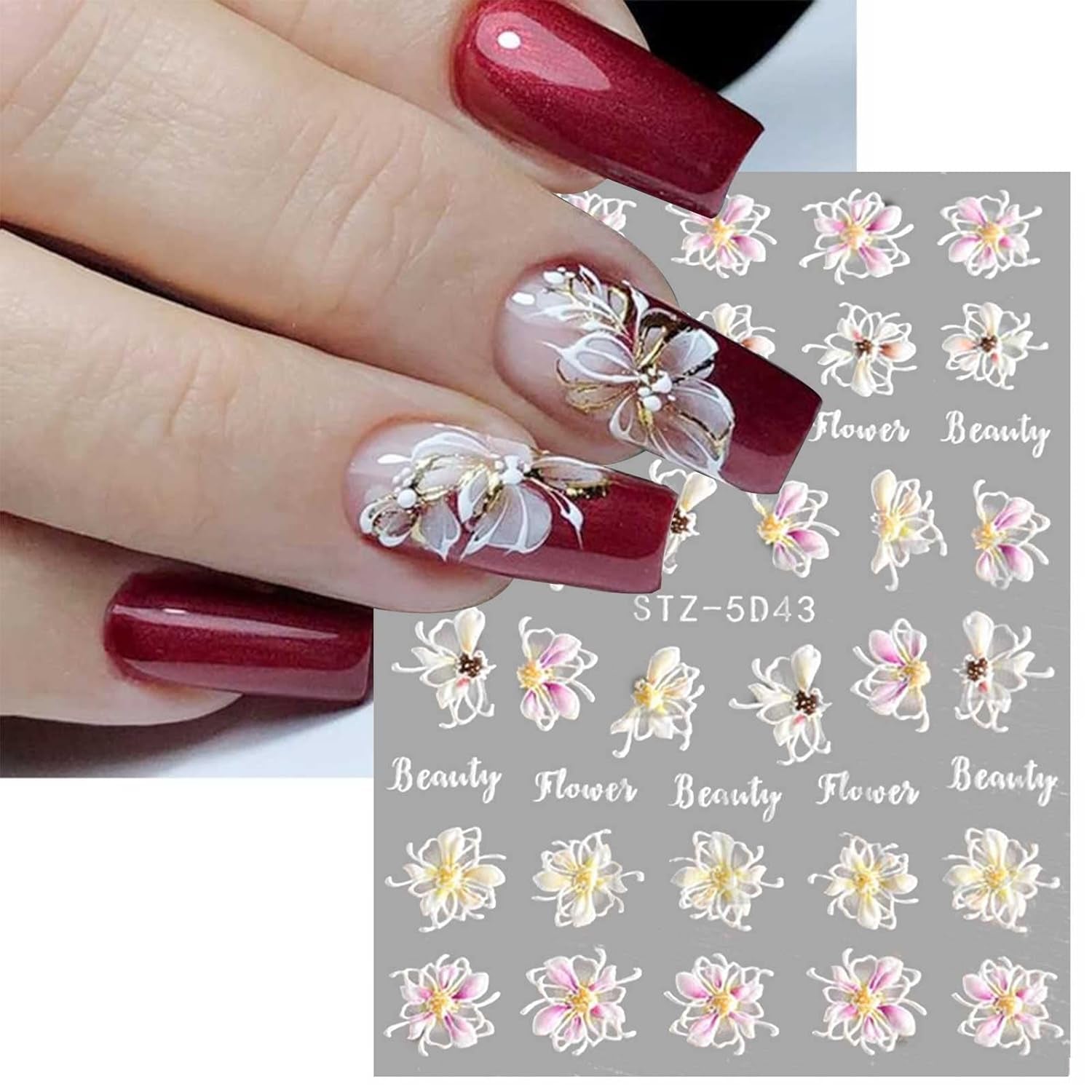 JMEOWIO 3D Nagelsticker Frühling Blume Nail Art Naklejka Selbstklebend Nagelaufkleber 5D Stereoskopisch Blumen Dekoration Nageldesign Zubehör 4 Blatt