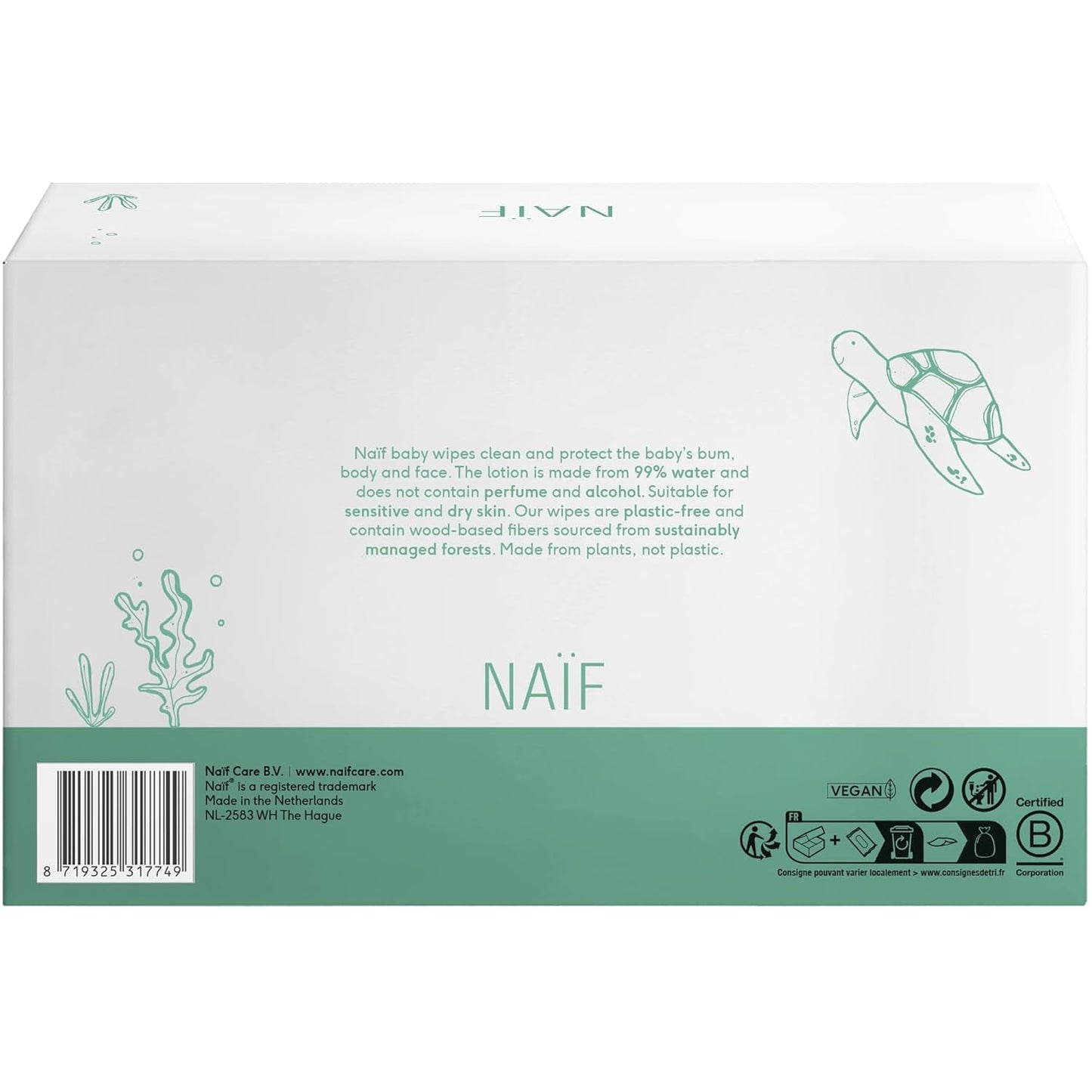 Naïf - Chusteczki nawilżane bez plastiku - 864 sztuki (16 opakowań po 54 chusteczki) - Pielęgnacja pupy, ciała i twarzy dziecka - 99% wody - 0% perfum i alkoholu