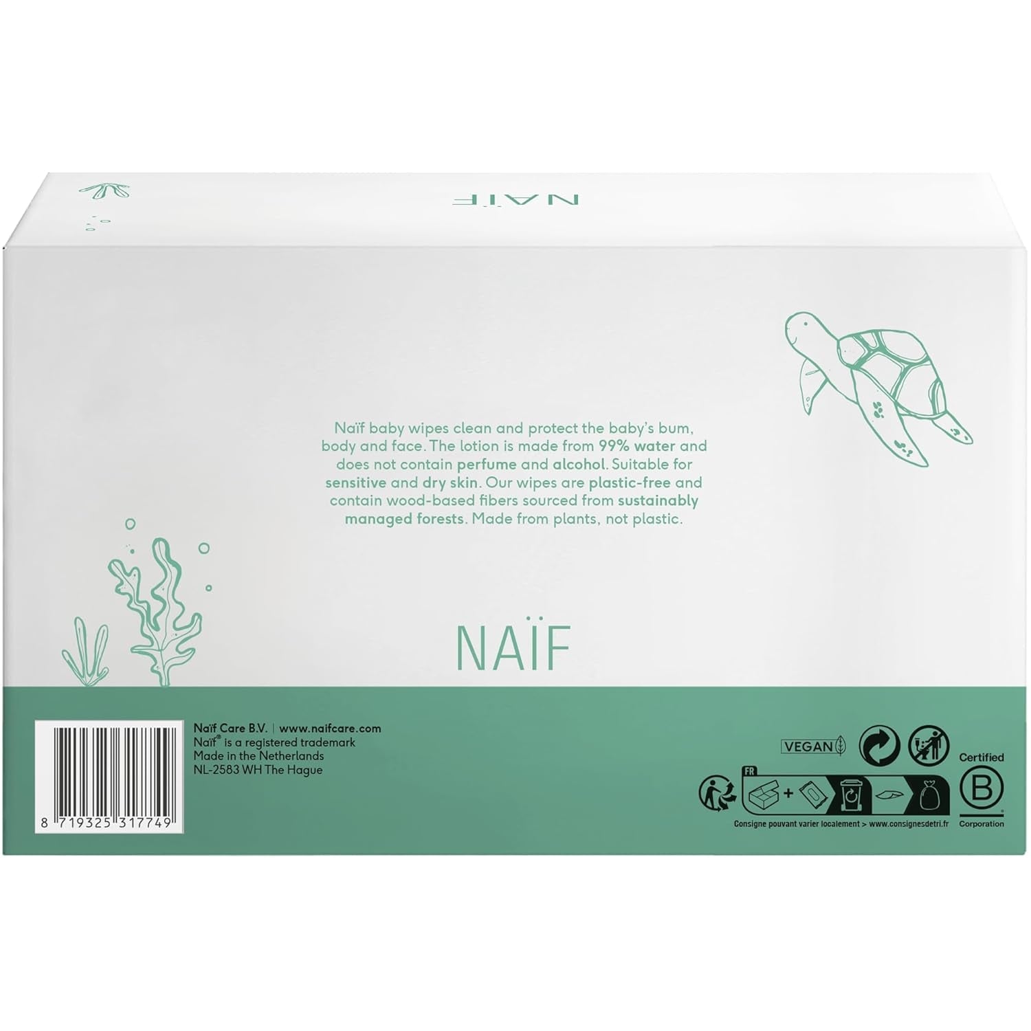 Naïf - Chusteczki nawilżane bez plastiku - 864 sztuki (16 opakowań po 54 chusteczki) - Pielęgnacja pupy, ciała i twarzy dziecka - 99% wody - 0% perfum i alkoholu
