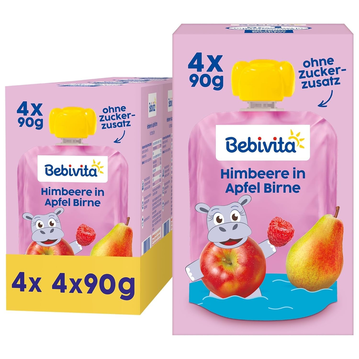 Himbeere in Apfel Birne Quetschie – 16 Stück (4 sztuki, 4 x 90 g), ohne Zuckerzusatz, glutenfrei, idealne dla unterwegs i selbständiges Snacken