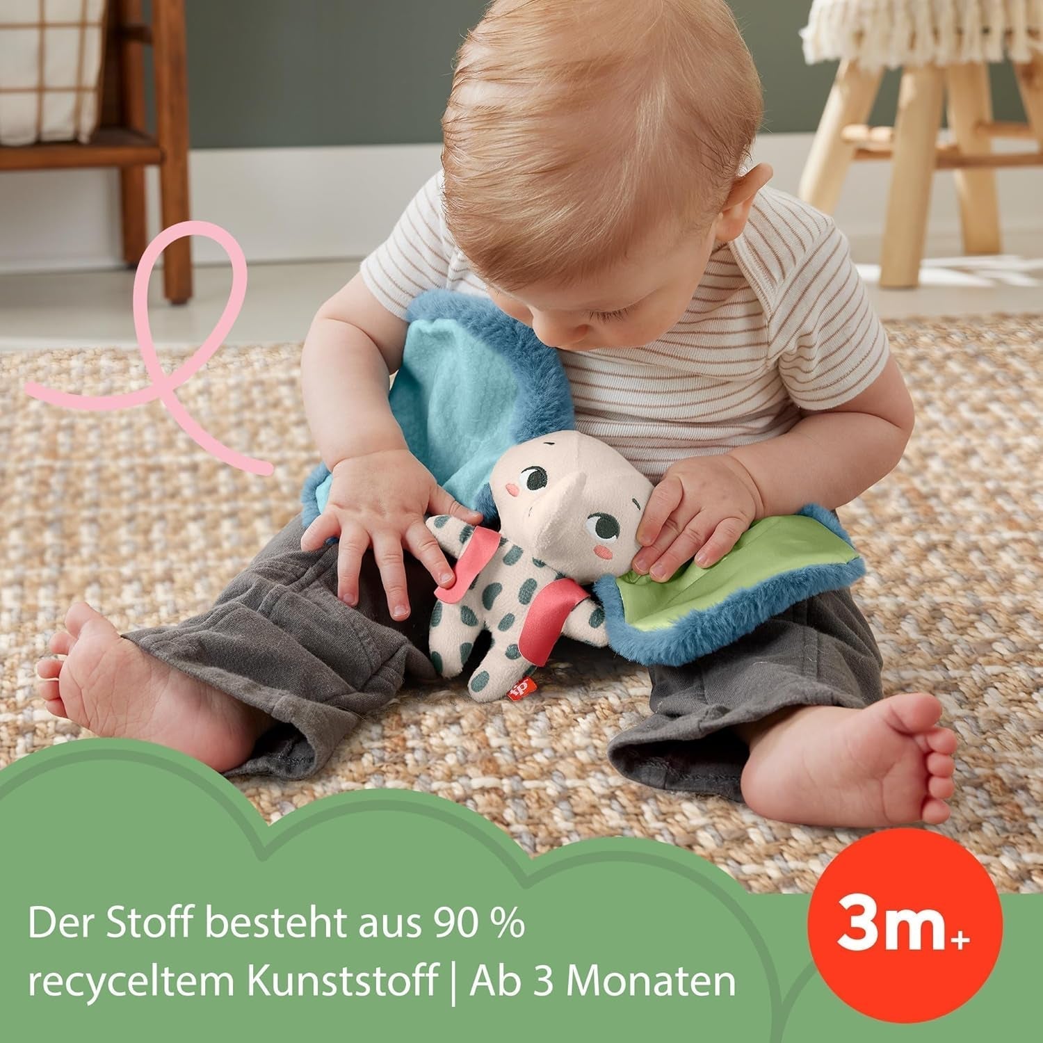Fisher-Price Giant Ear Elephant - Urocza miękka pluszowa zabawka z bardzo dużymi uszami, wykonana w 90% z plastiku pochodzącego z recyklingu i z opakowania z certyfikatem FSC, dla dzieci od 3 miesiąca życia, HKD63 Bebe Toys Naty Shop