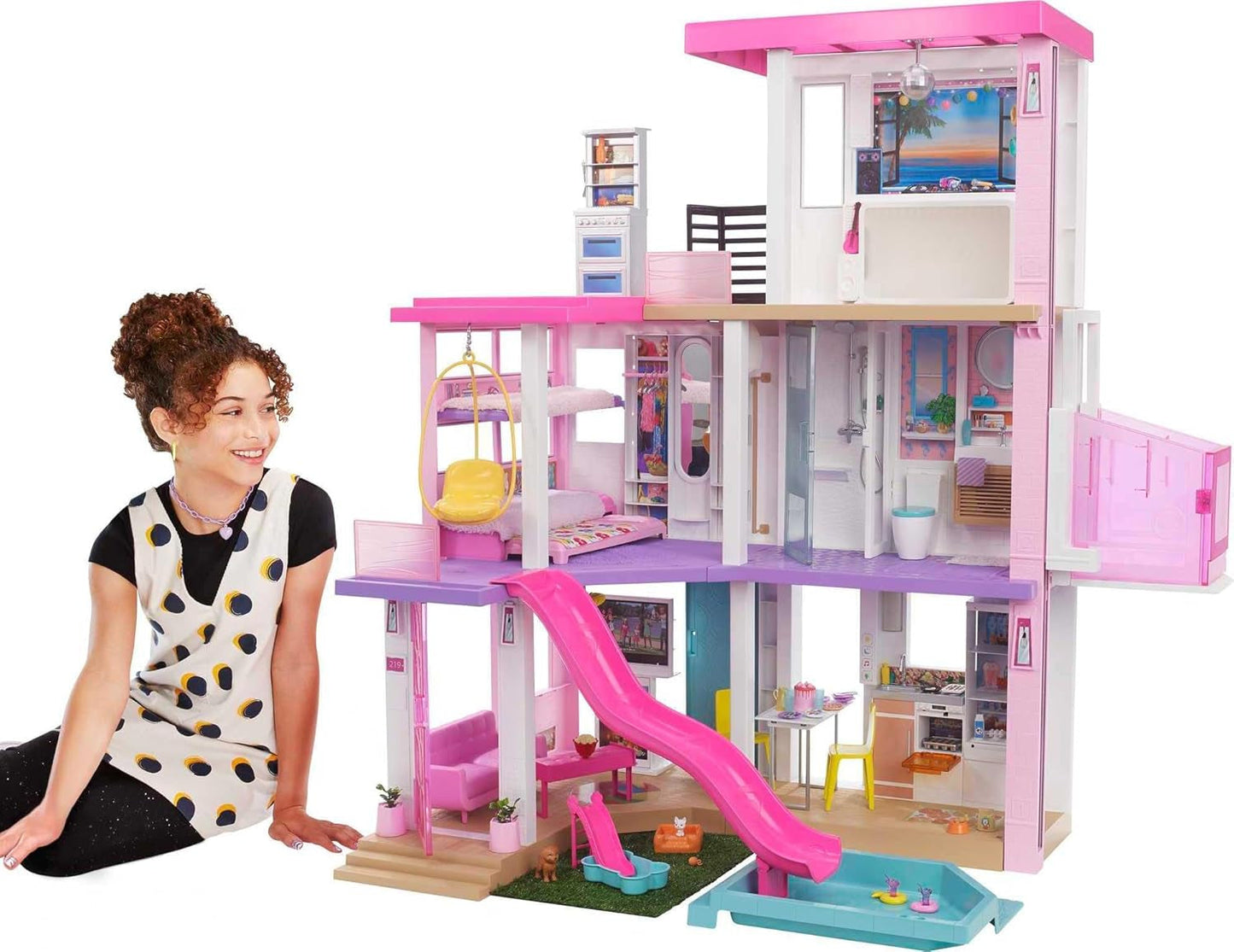 Dom marzeń Barbie (114 cm), 3-piętrowy domek dla lalek, basen, zjeżdżalnia, winda dla wózków inwalidzkich, 75 akcesoriów, lalki, odpowiedni jako prezent dla dzieci w wieku od 3 lat i starszych, GRG93