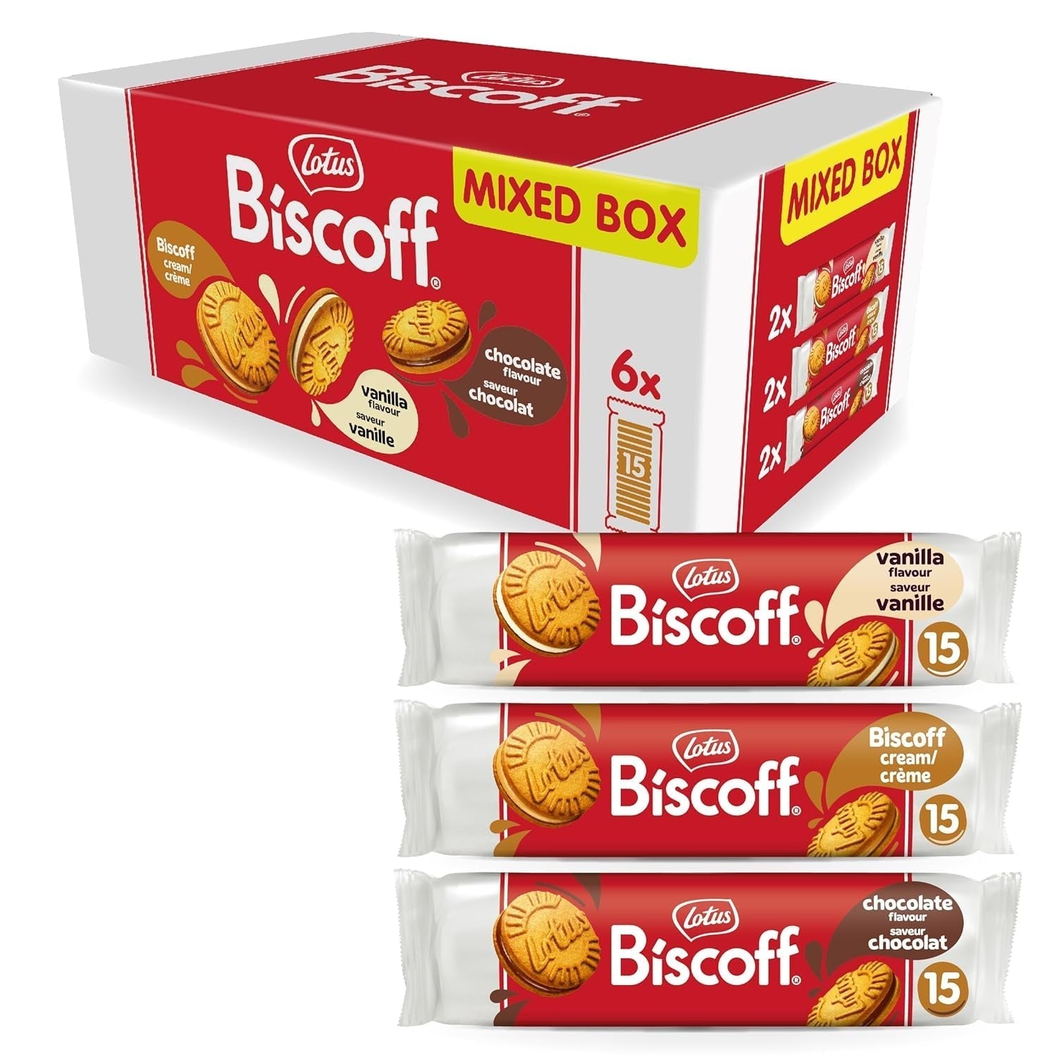 Lotos Biscoff | Pakiet odmian podwójnych ciastek | 3 odmiany | 2 pakiety na odmianę | 15 podwójnych ciastek w opakowaniu | Składniki pochodzenia naturalnego | Bez barwników | 6x150g | 900g