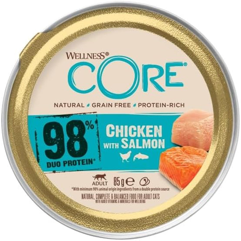 Wellness CORE 98% 12 x 85g, Kurczak i Łosoś - Mokra karma dla kotów, gęsty pasztet, bez zbóż, naturalna, hipoalergiczna, bogata w białko, bogata w mięso