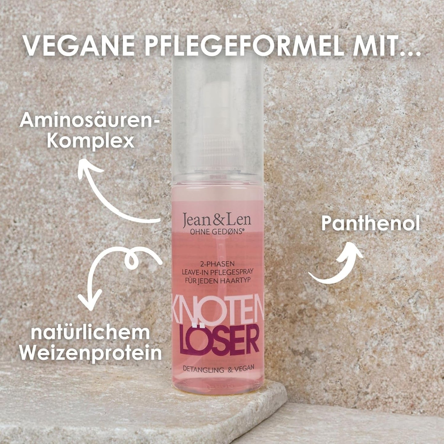 Jean & Len Knot Remover 2-fazowy spray kondycjonujący bez spłukiwania, odpowiedni do wszystkich rodzajów włosów, ułatwia rozczesywanie włosów i poprawia ich rozczesywanie, świeży zapach, ułatwia rozczesywanie, nie zawiera silikonu i parabenów, wegański, 100ml Produkty ułatwiające rozczesywanie Naty Shop