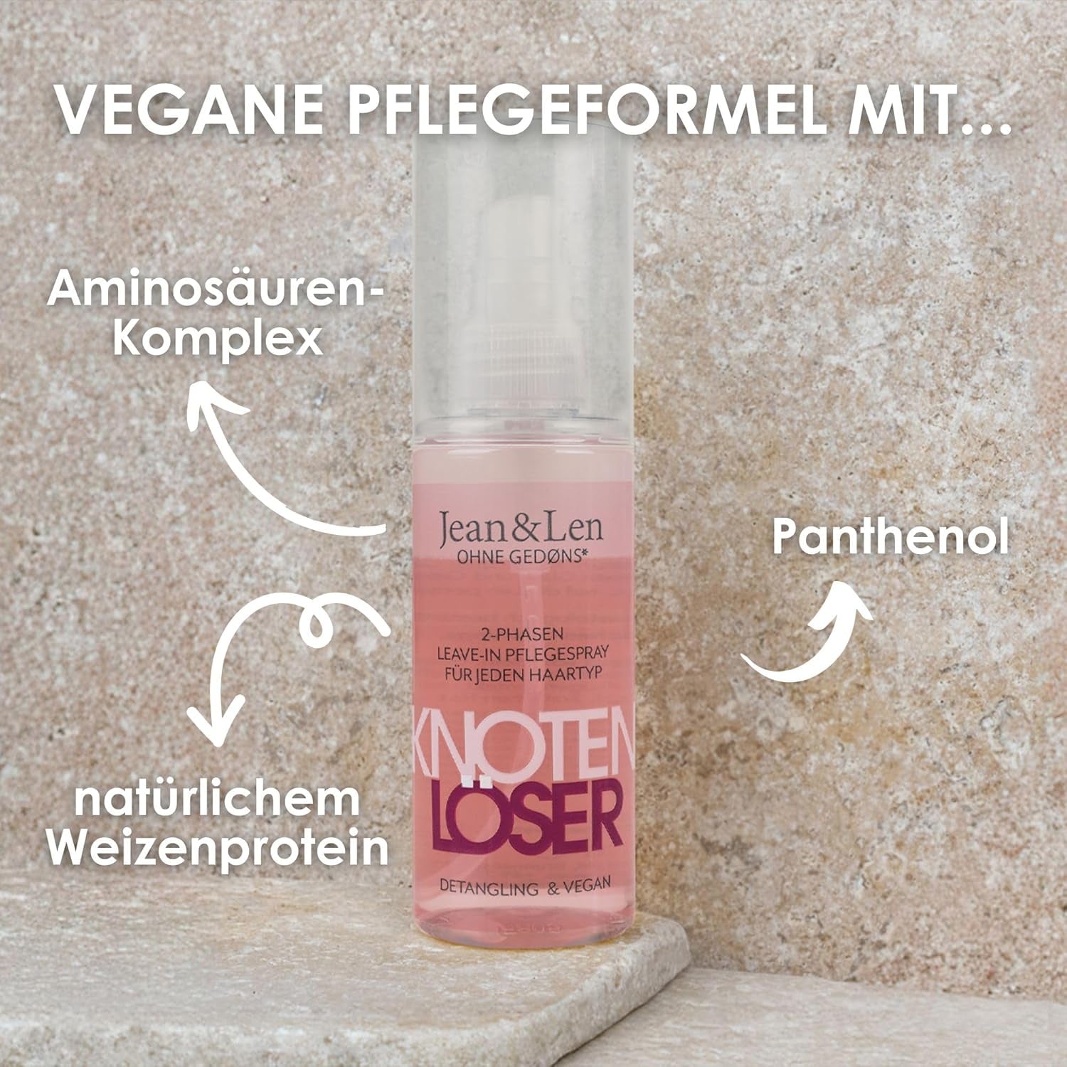 Jean & Len Knot Remover 2-fazowy spray kondycjonujący bez spłukiwania, odpowiedni do wszystkich rodzajów włosów, ułatwia rozczesywanie włosów i poprawia ich rozczesywanie, świeży zapach, ułatwia rozczesywanie, nie zawiera silikonu i parabenów, wegański, 100ml Produkty ułatwiające rozczesywanie Naty Shop