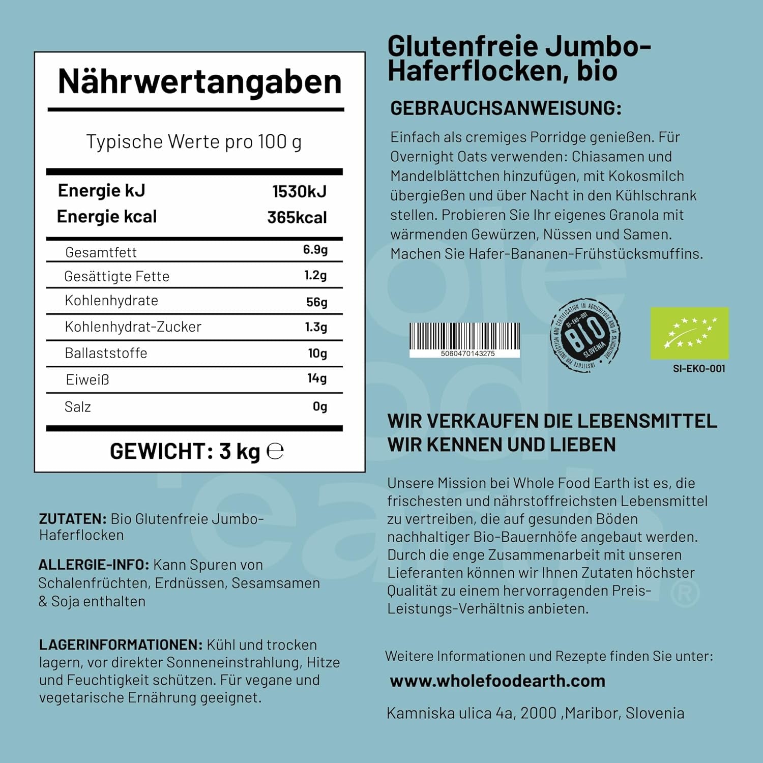 Wholefood Earth Organiczne płatki owsiane Jumbo, bezglutenowe – 3 kg | Bez GMO | wegańskie | Bogaty w błonnik | Certyfikowane organiczne