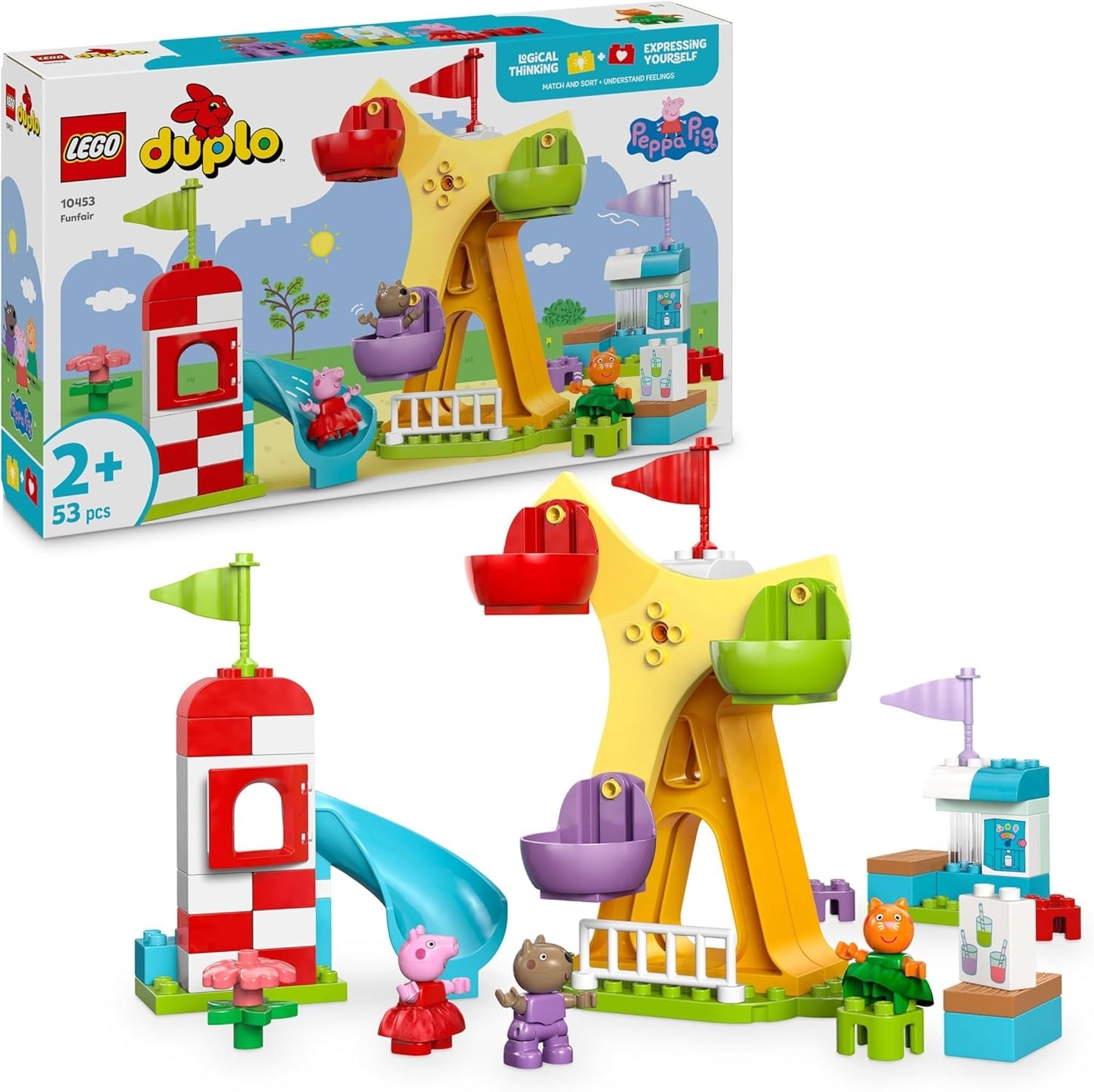 LEGO DUPLO Jarmark Peppa Wutza - Zabawki dla dzieci i zabawki motoryczne dla dzieci w wieku 2+ - Gry dla przedszkolaków z dużym kołem, zjeżdżalnią i 3 figurkami, w tym Mollie Kitty i Klausi Kläff - Prezent dla dzieci 10453 Zestawy do budowania Besuche den LEGO-Store Domyślny tytuł